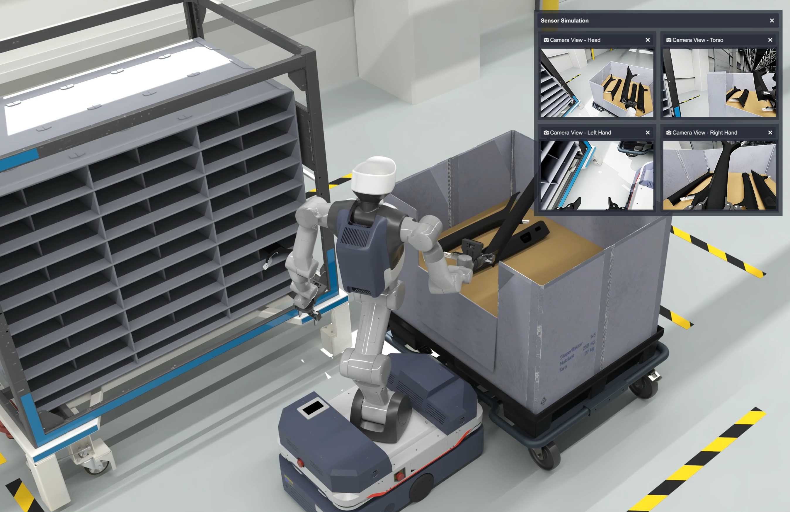 Mobile humanoid robots for automotive logistics - Agile Robots, Audi, Dassault Systèmes and NVIDIA announced at NVIDIA GTC Berlin a proof-of-concept to automate parts sequencing at Audi's Ingolstadt plant using mobile humanoids. Image: simulated representation.