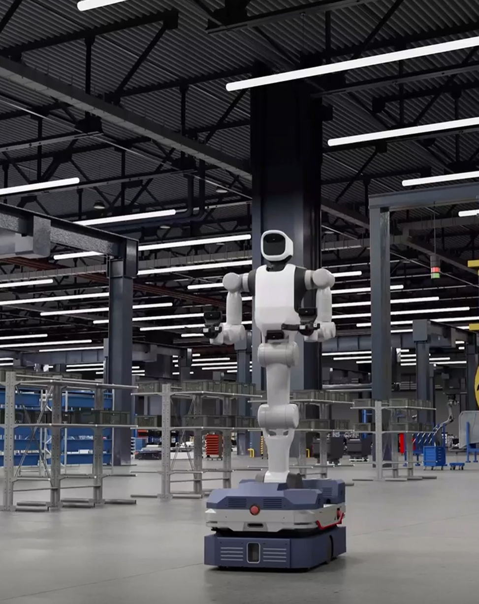 Mobile humanoid robots for automotive logistics - Agile Robots, Audi, Dassault Systèmes and NVIDIA announced at NVIDIA GTC Berlin a proof-of-concept to automate parts sequencing at Audi's Ingolstadt plant using mobile humanoids. Image: simulated representation.