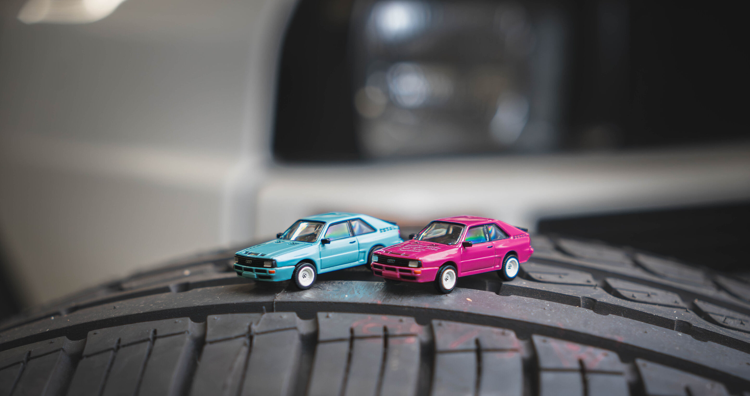 Small cars, really big. - The two special models for the Audi model car fairs in Neckarsulm (November 15, 2026) and Ingolstadt (November 29, 2026): an Audi Sport quattro in turquoise (Neckarsulm) and in pink (Ingolstadt).
