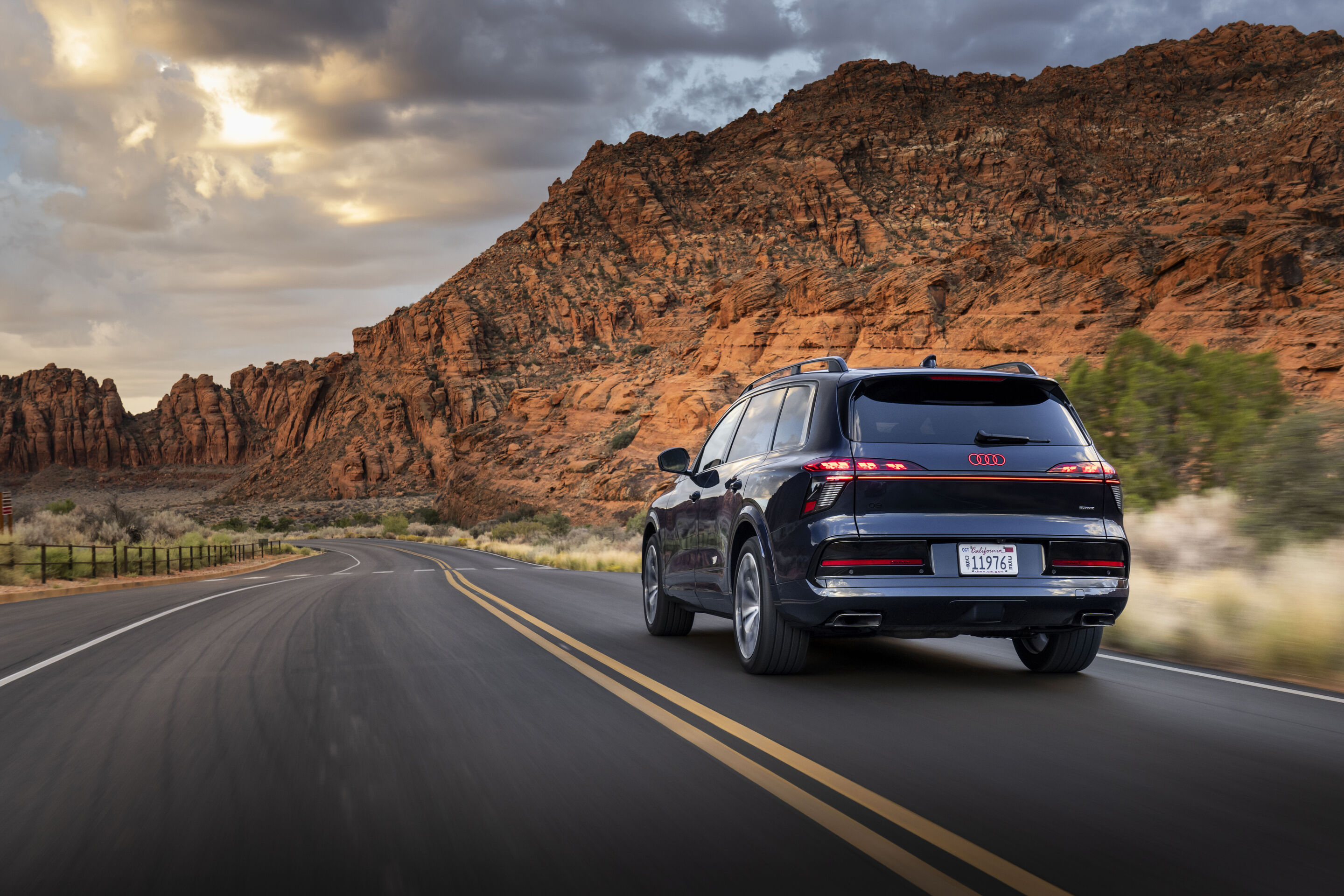 Audi Q9 SUV - Audi Q9 SUV in Waitomo blue metallic in Utah. The Audi Q9 is the new pinnacle of the Audi portfolio. With its powerful presence on the road, it makes a statement and stands out for its technical excellence, quality and safety.