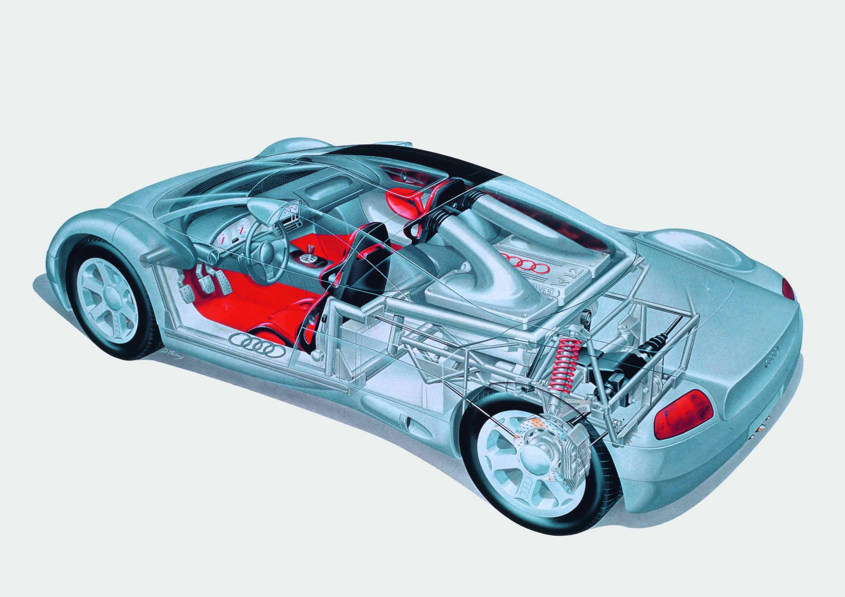 Jubiläumsmagazin Design - Audi Avus quattro: Die Zeichnung zeigt den Gitterrohrrahmen und die Pushrod-Konstruktion im Heck.