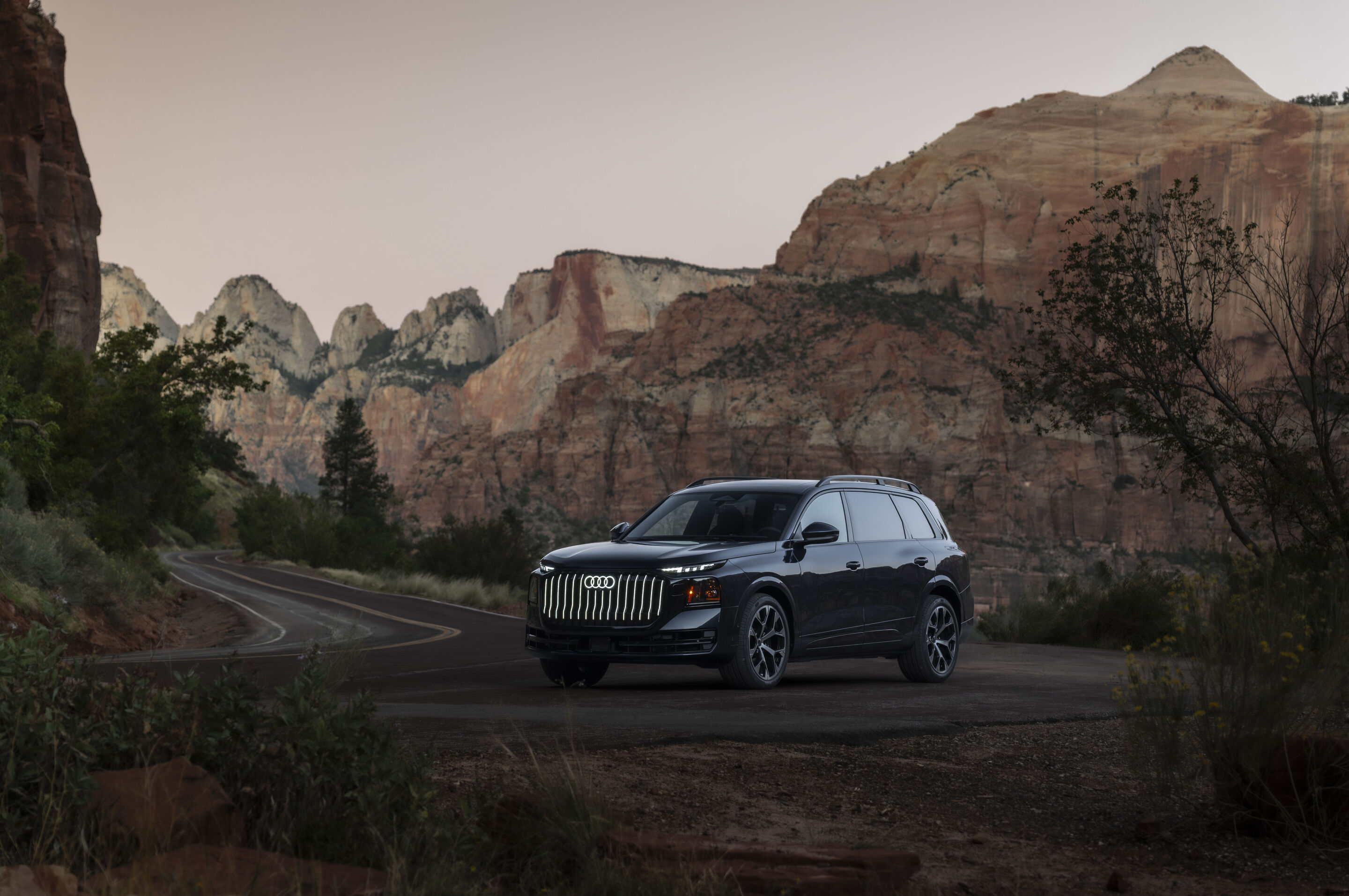 Audi Q9 SUV - Audi Q9 SUV in Waitomo blue metallic in Utah. The Audi Q9 is the new pinnacle of the Audi portfolio. With its powerful presence on the road, it makes a statement and stands out for its technical excellence, quality and safety.