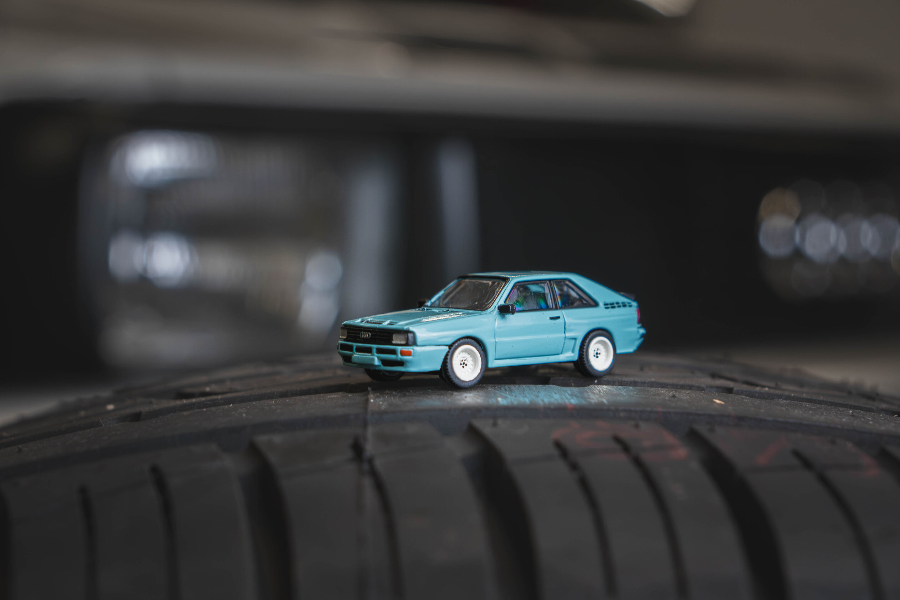Small cars, really big. - The special model for the Audi model car fair in Neckarsulm (November 15, 2026): a turquoise Audi Sport quattro.