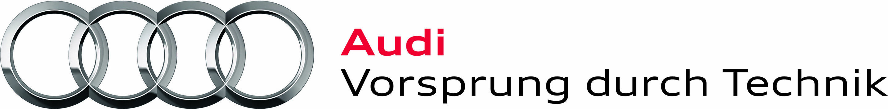 Audi logo: New Corporate Design - New Audi logo: The brand trademark, the four rings, has now been combined with the brand claim "Vorsprung durch Technik" (September 2009).