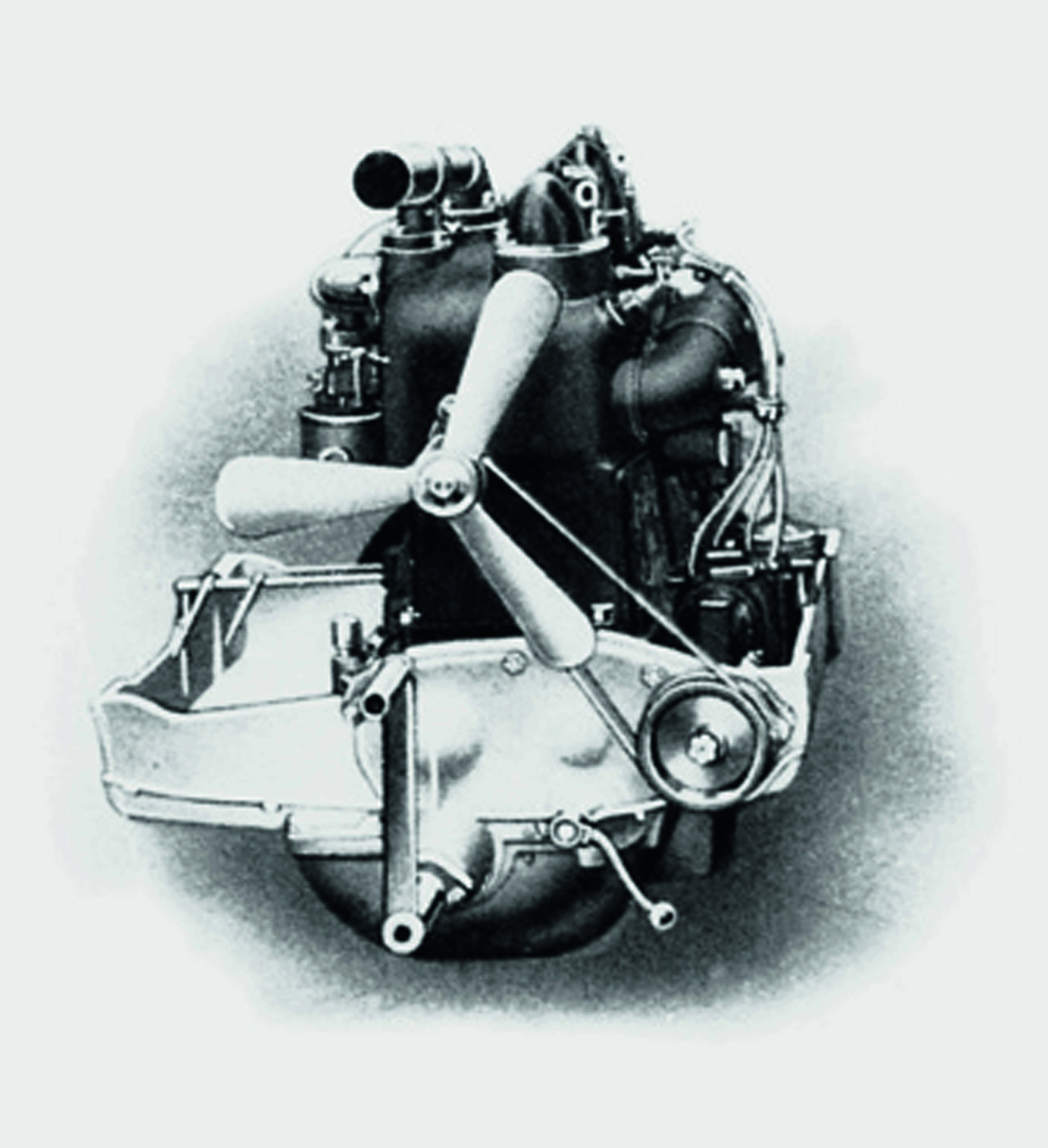 Jubiläumsmagazin Historie - Motor Baujahr 1913: Paarweise gegossene Zylinder, Leichtmetalltraverse zum Einbau in den Rahmen