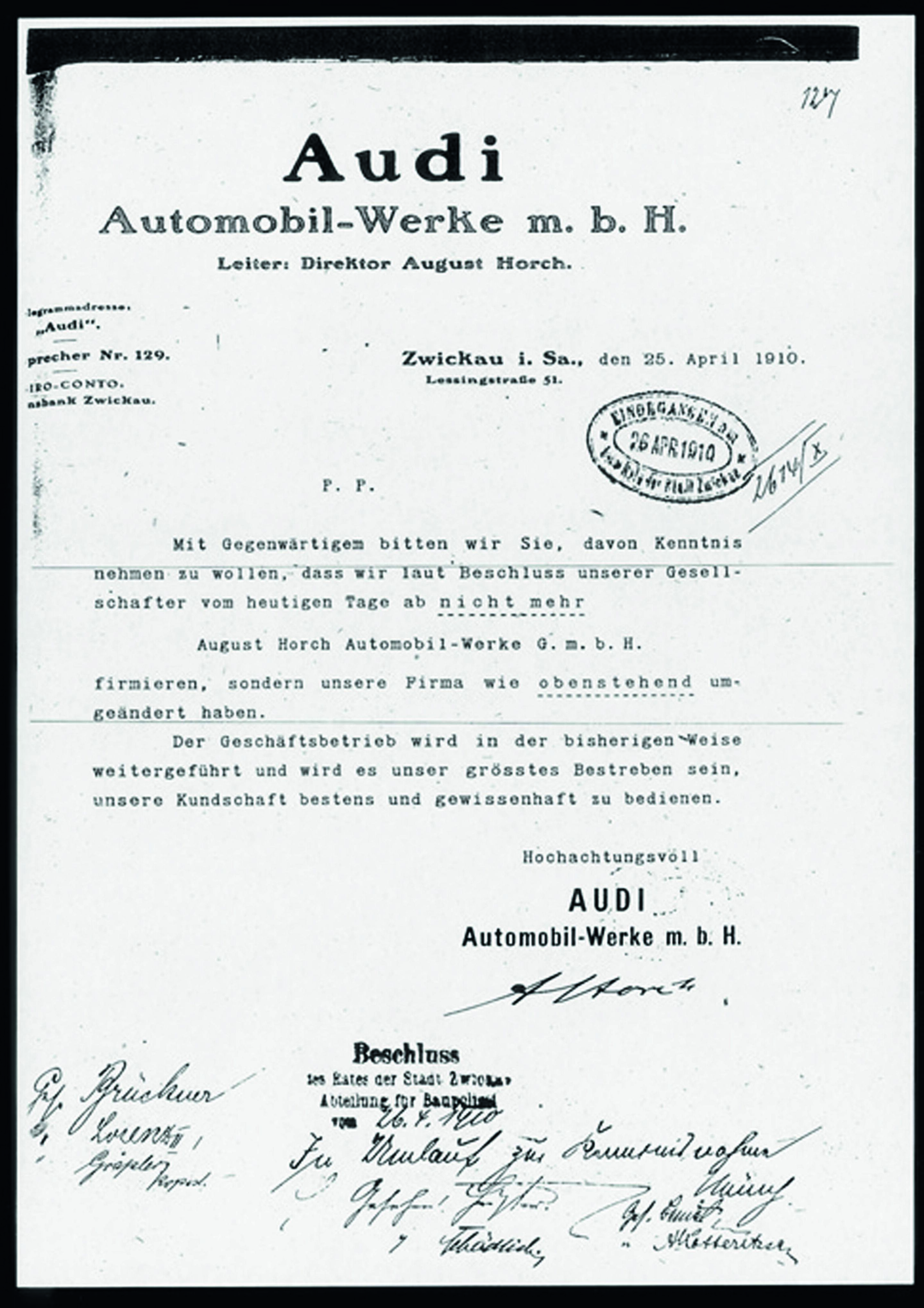 Anniversary magazine History - The new company was officially named Audi in 1910