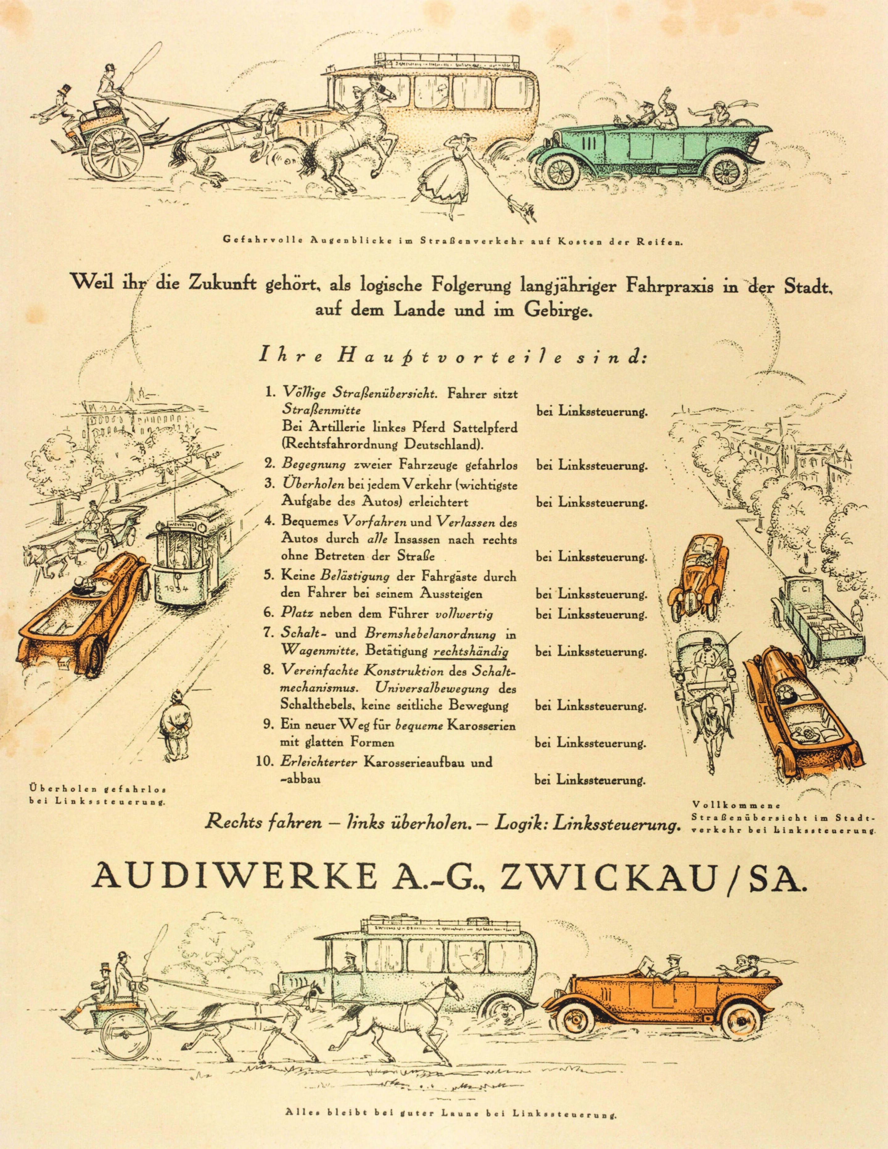 Jubiläumsmagazin Historie - Audi als Pionier der Linkslenkung: Der Prospekt erklärt die Vorzüge