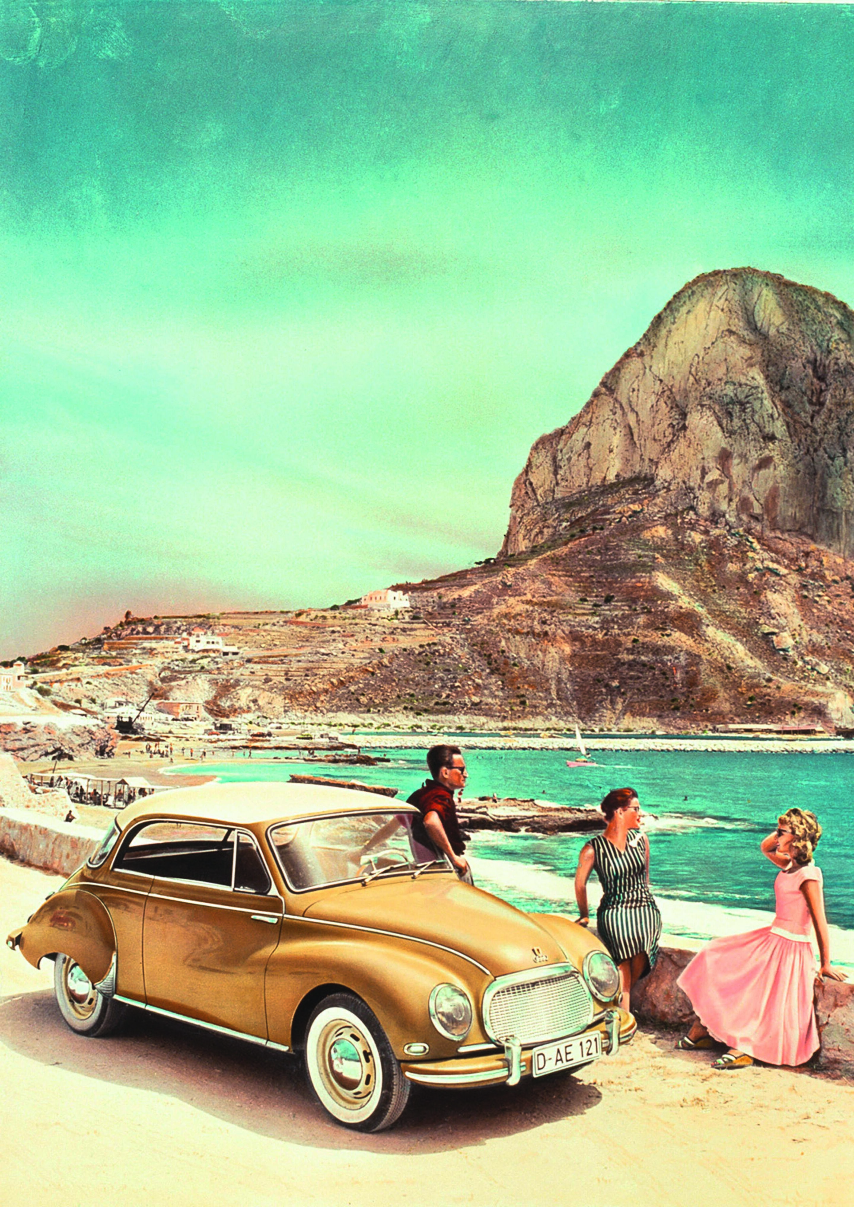 Anniversary magazine History - Dream car - the DKW 3 = 6 in front of a holiday backdrop, for advertising