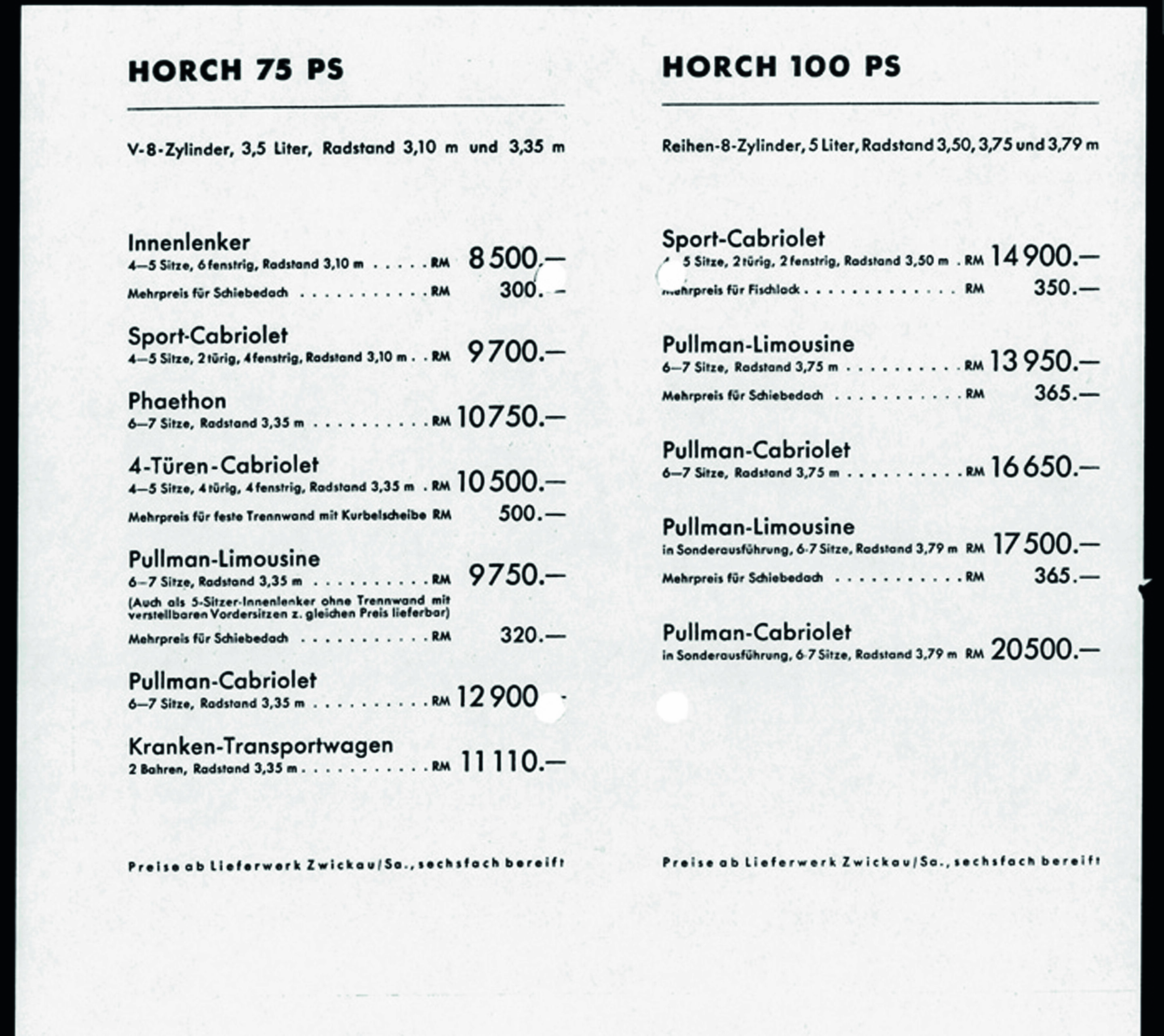 Jubiläumsmagazin Historie - Horch: Preisliste 1937