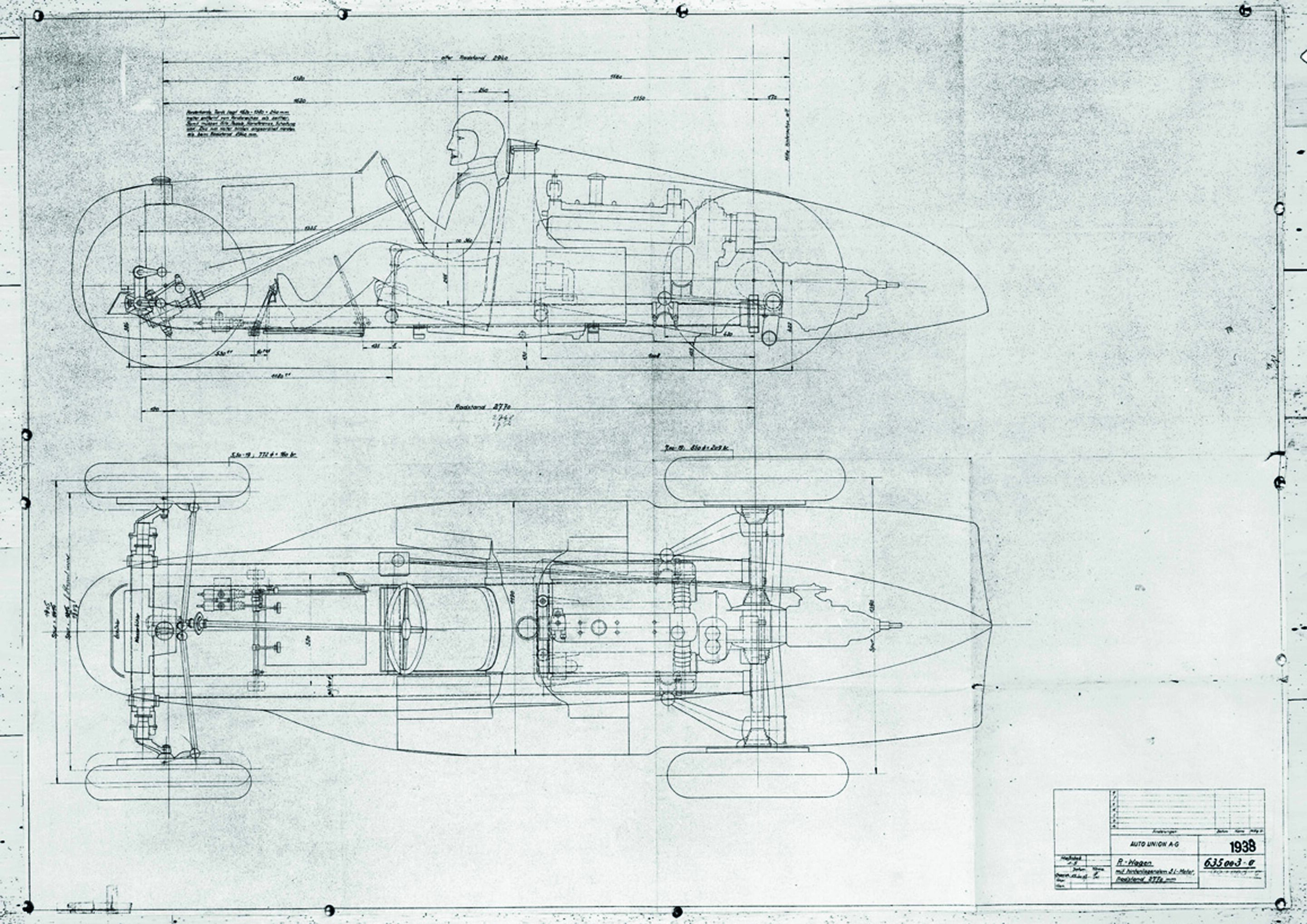 Jubiläumsmagazin Motorsport - Entwurf: Der Auto Union Typ D in einer Originalzeichnung aus dem Jahr 1938.