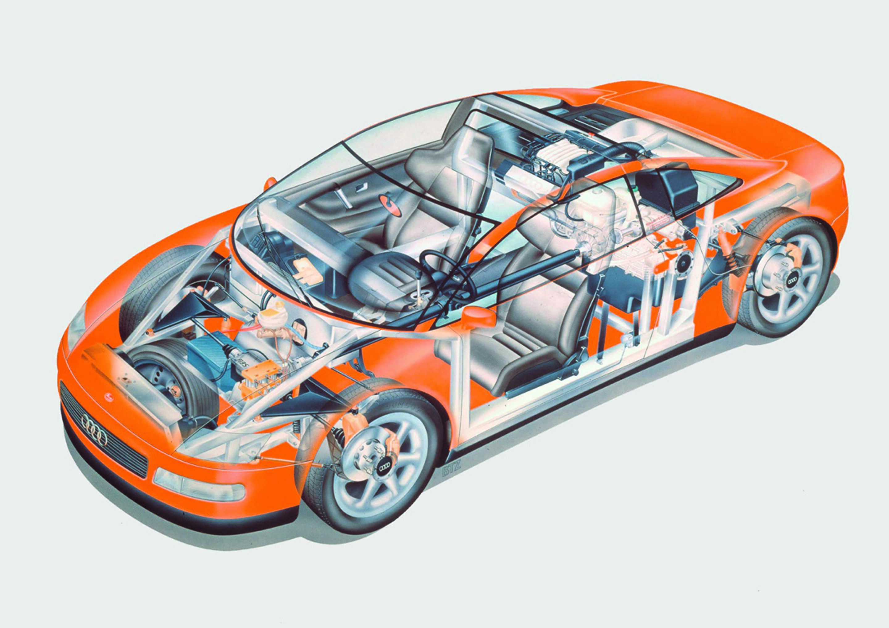 Jubiläumsmagazin Design - Audi quattro Spyder: Der V6-Motor saß hinten quer, eine Welle leitete einen Teil seiner Kräfte zu den Vorderrädern.