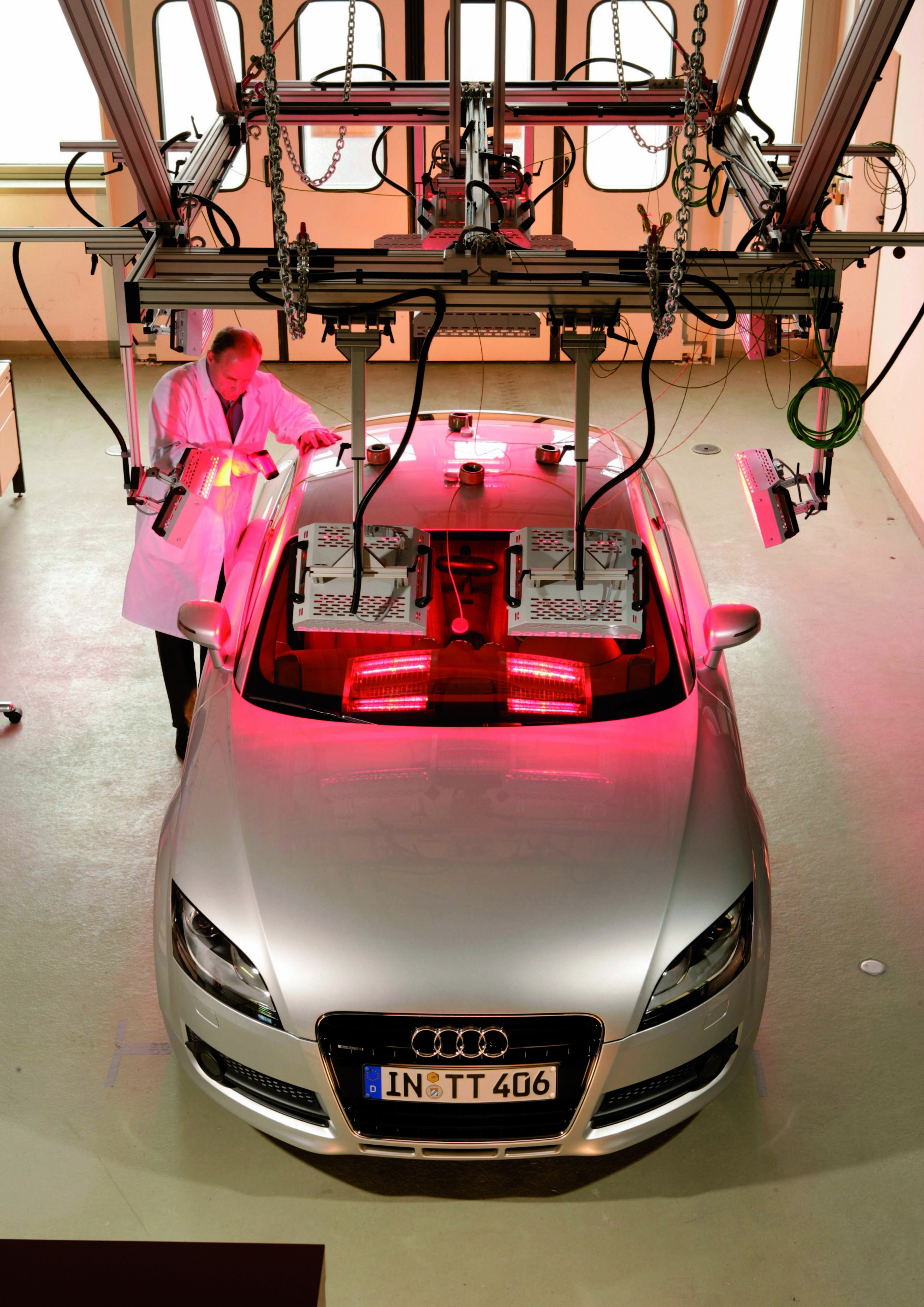 Automotive development with a preserving jar - An Audi TT Coupé is heated up for subsequent testing of the odours produced by its interior materials when hot