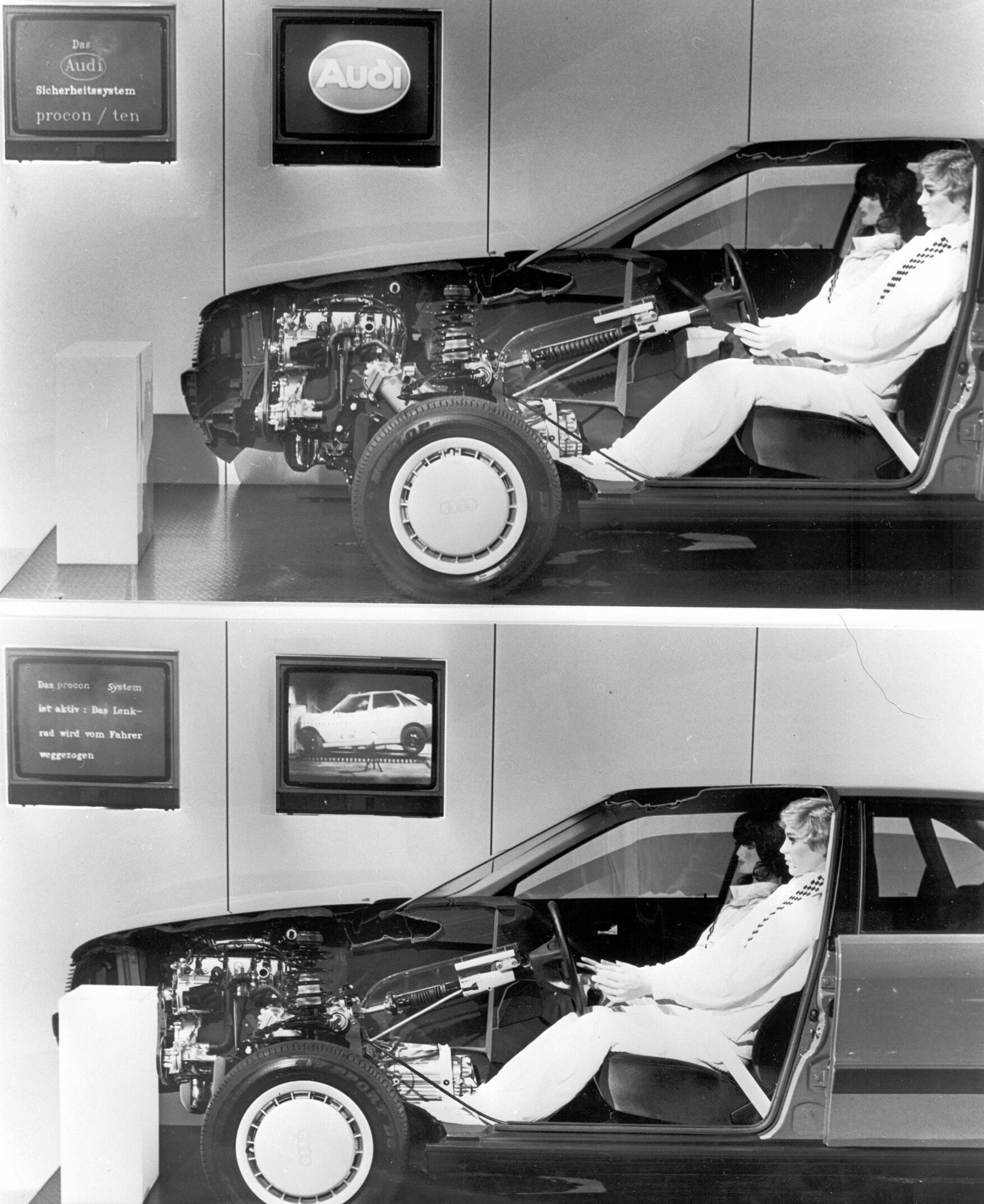 Audi Sicherheitssystem Procon-ten - Patentiertes Audi Sicherheitssystem Procon-ten von 1986:  Bei einem Frontalaufprall wurden durch Verschieben des Motors in Richtung Innenraum das Lenkrad zurückgezogen und die vorderen Gurte gestrafft.
