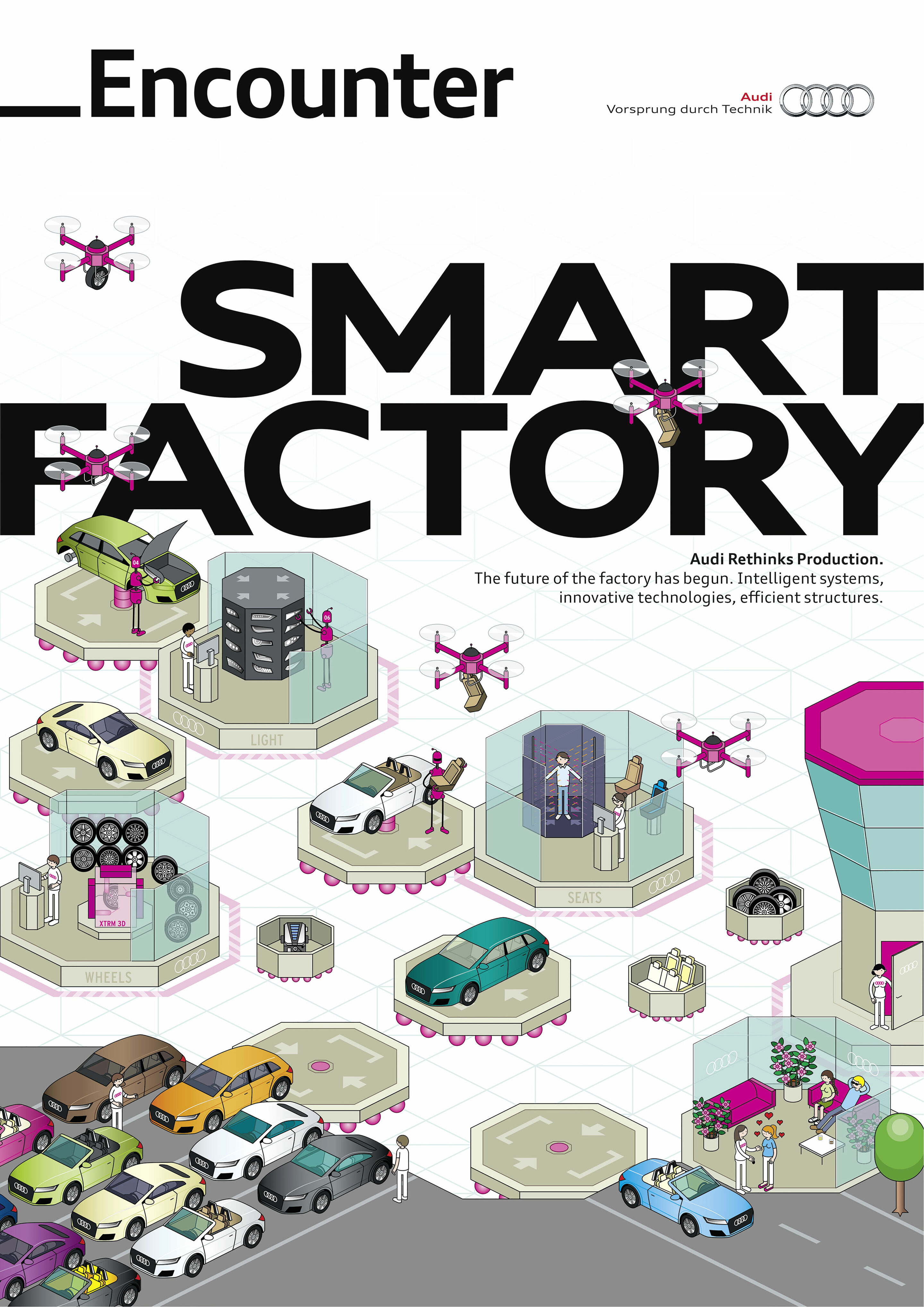 Encounter magazine Smart Factory - In the Encounter magazine Smart Factory, Audi is now providing a wide-ranging insight on how intelligent Audi’s production processes already are and which leaps of innovation will occur in the coming years.
