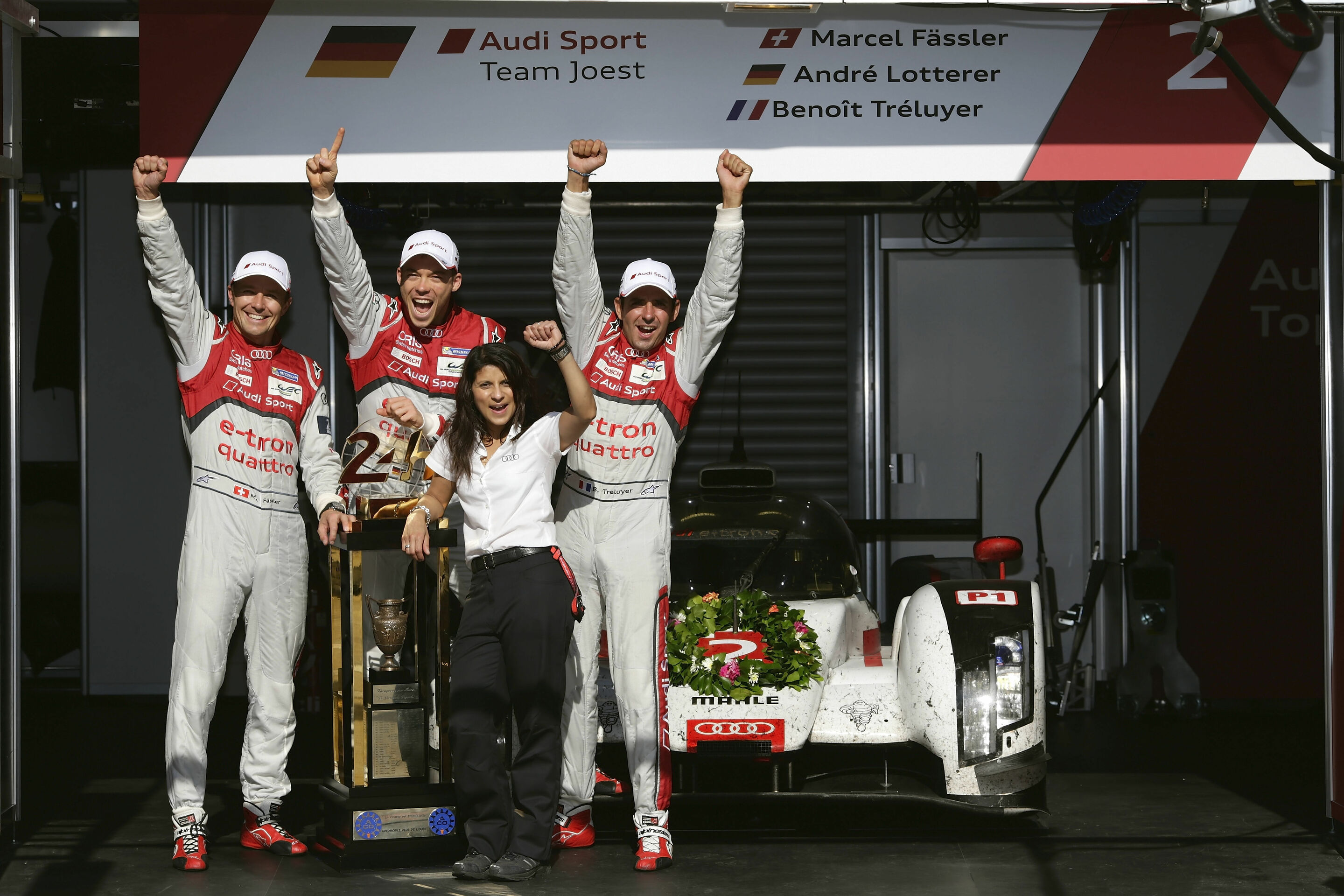 24h Le Mans 2014 - Marcel Fässler, André Lotterer, Leena Gade (Vehicle Engineer Audi R18 e-tron quattro #2), Benoît Tréluyer