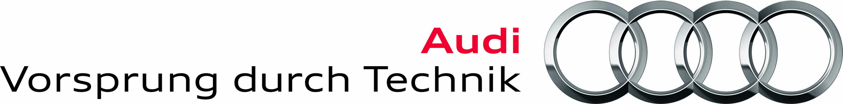 Audi logo: New Corporate Design - New Audi logo: The brand trademark, the four rings, has now been combined with the brand claim "Vorsprung durch Technik" (September 2009).