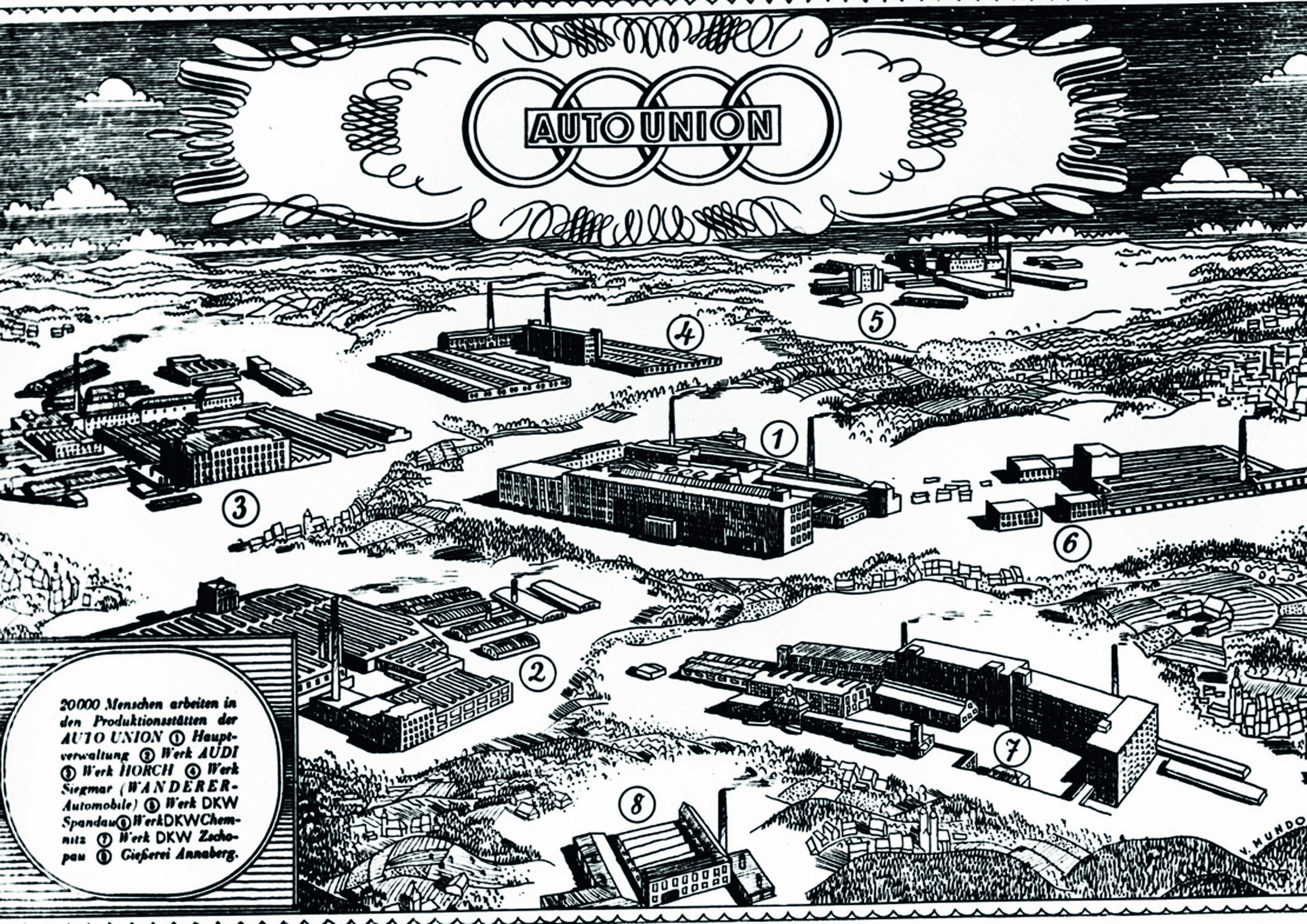 Jubiläumsmagazin Historie - Auto Union: Die wichtigsten Standorte in einer zeitgenössischen Grafik