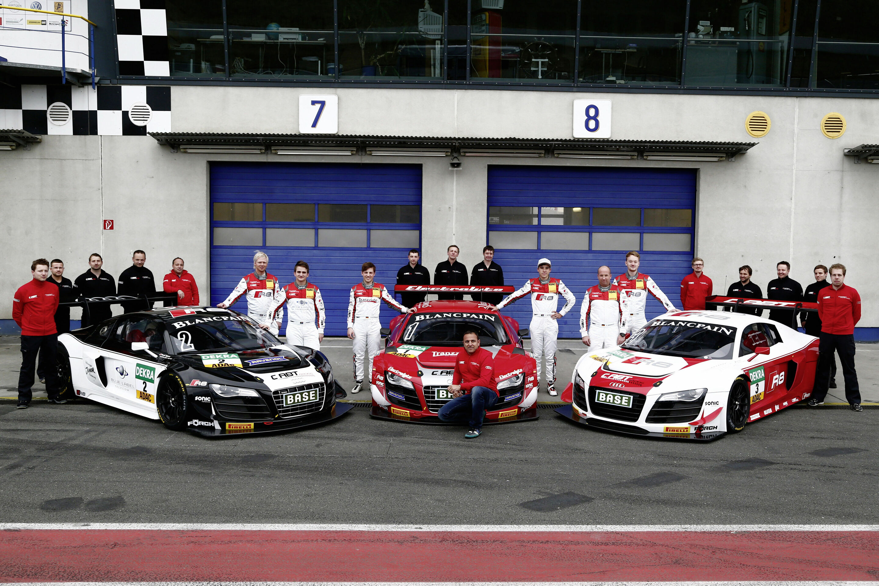 Seven Audi R8 LMS ultra cars on ADAC GT Masters grid - C. Abt Racing with Nicki Thiim, Jordan Lee Pepper, Stefan Wackerbauer, Kelvin van der Linde, Andreas Weishaupt, Christer Jöns.