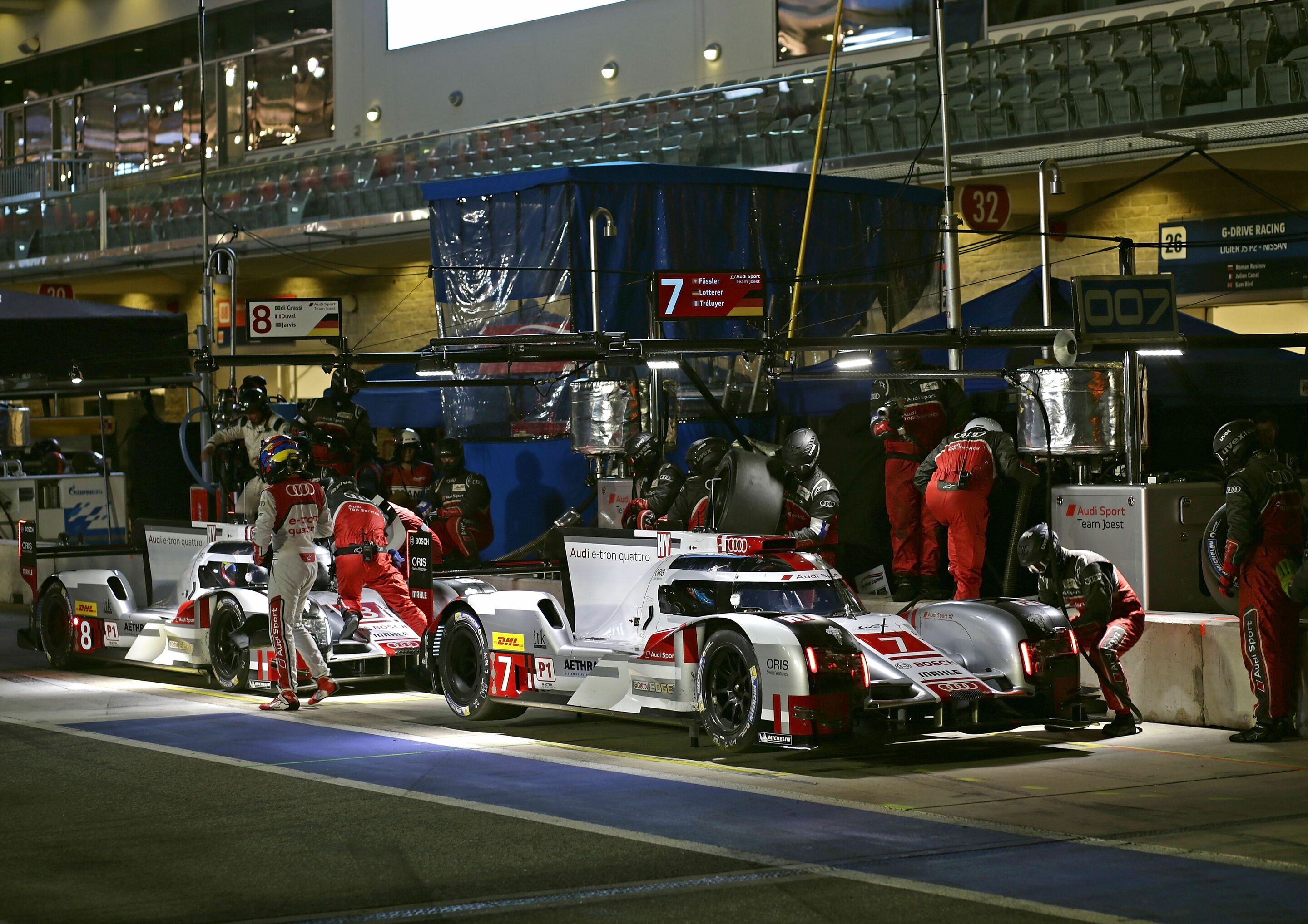WEC Austin 2015 - Audi R18 e-tron quattro #7 (Audi Sport Team Joest), Marcel Fässler, André Lotterer, Benoît Tréluyer,
Audi R18 e-tron quattro #8 (Audi Sport Team Joest), Lucas di Grassi, Loïc Duval, Oliver Jarvis