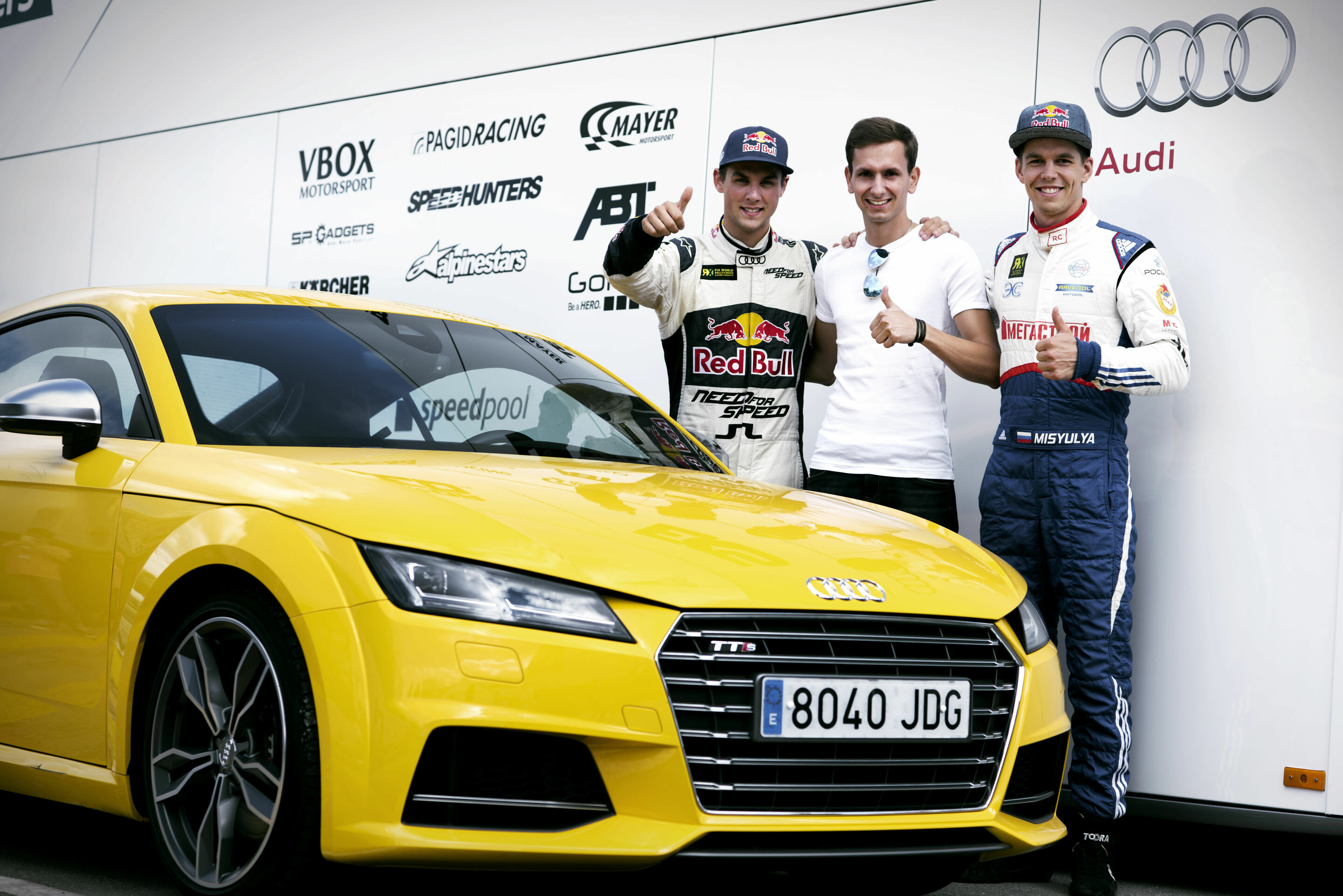 Audi Sport TT Cup-Fahrer bei der Rallycross-WM in Barcelona - Anton Marklund (S), Christoph Hofbauer (D), Nikita Misyulya (RUS)