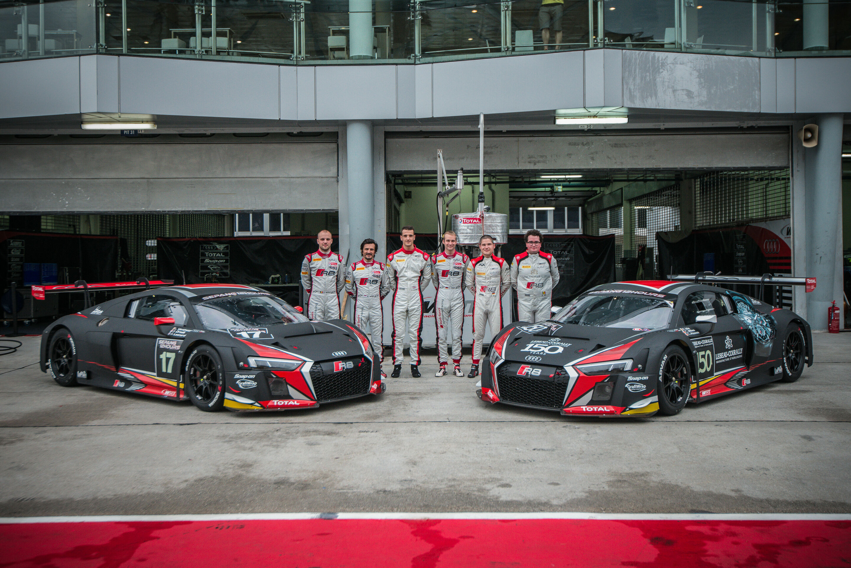Sepang 12 Hours 2015 - Audi R8 LMS #17 (Belgian Audi Club Team WRT), Stuart Leonard/Stéphane Ortelli/Laurens Vanthoor; Audi R8 LMS #150 (Belgian Audi Club Team WRT), Christopher Haase/Enzo Ide/Christopher Mies