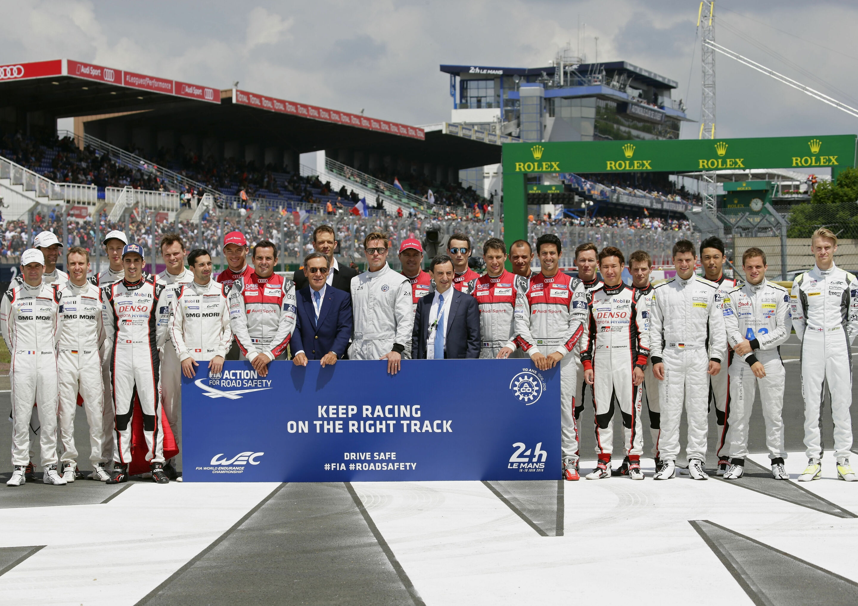 24h Le Mans 2016 - André Lotterer, Benoit Tréluyer, Brad Pitt, Marcel Fässler, Pierre Fillon , Oliver Jarvis, Loïc Duval, Lucas di Grassi