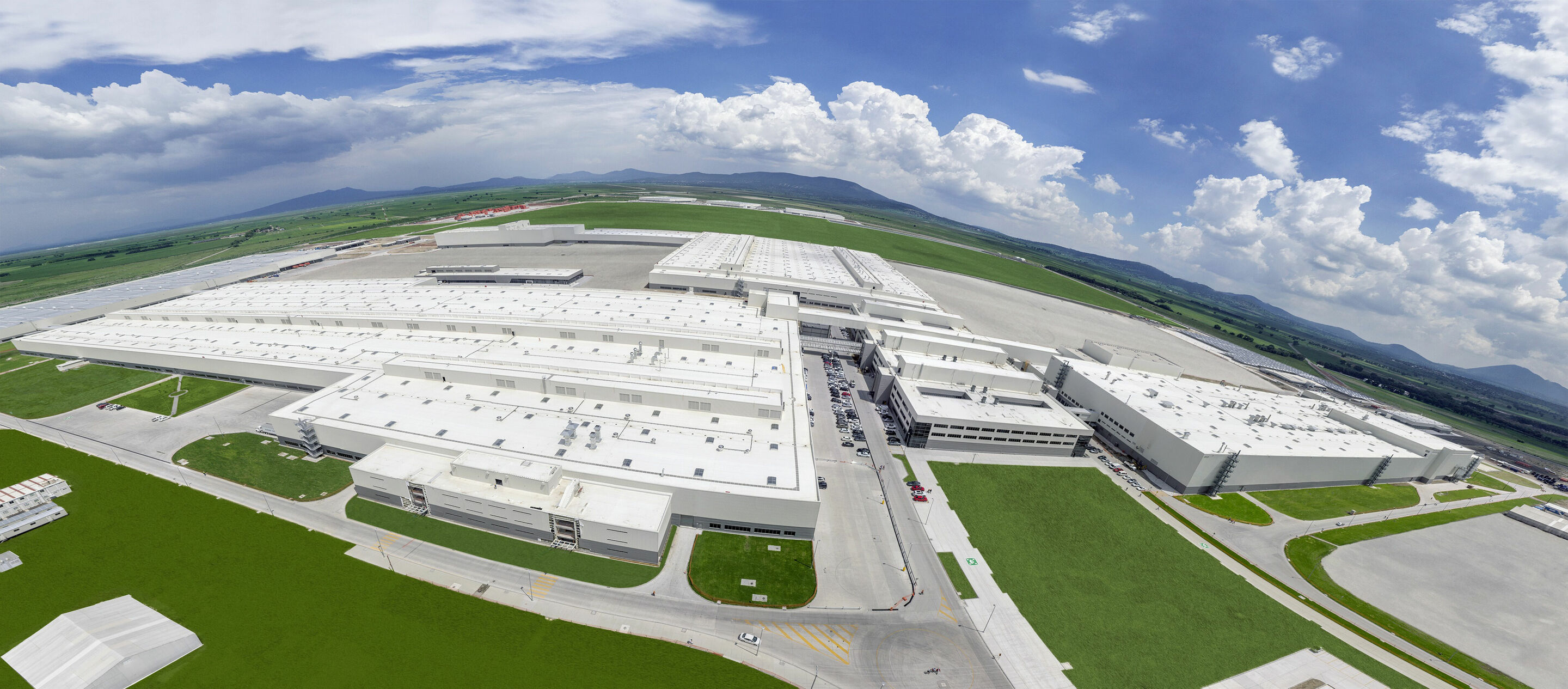 Audi México aerial view - Buildings in the front line from left to right: Assembly shop, Spine and Paint shop.