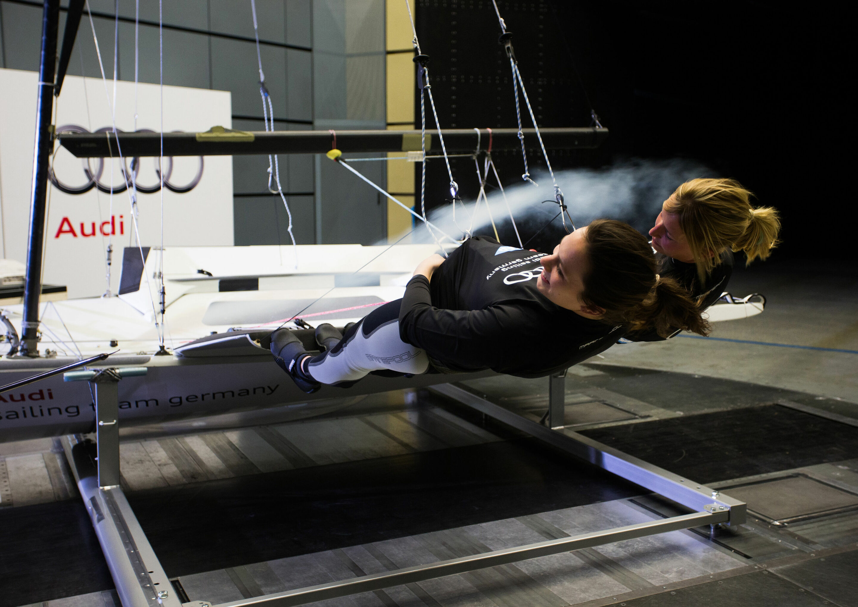 Susann Beucke (left) and Tina Lutz in the Audi wind tunnel in Ingolstadt
