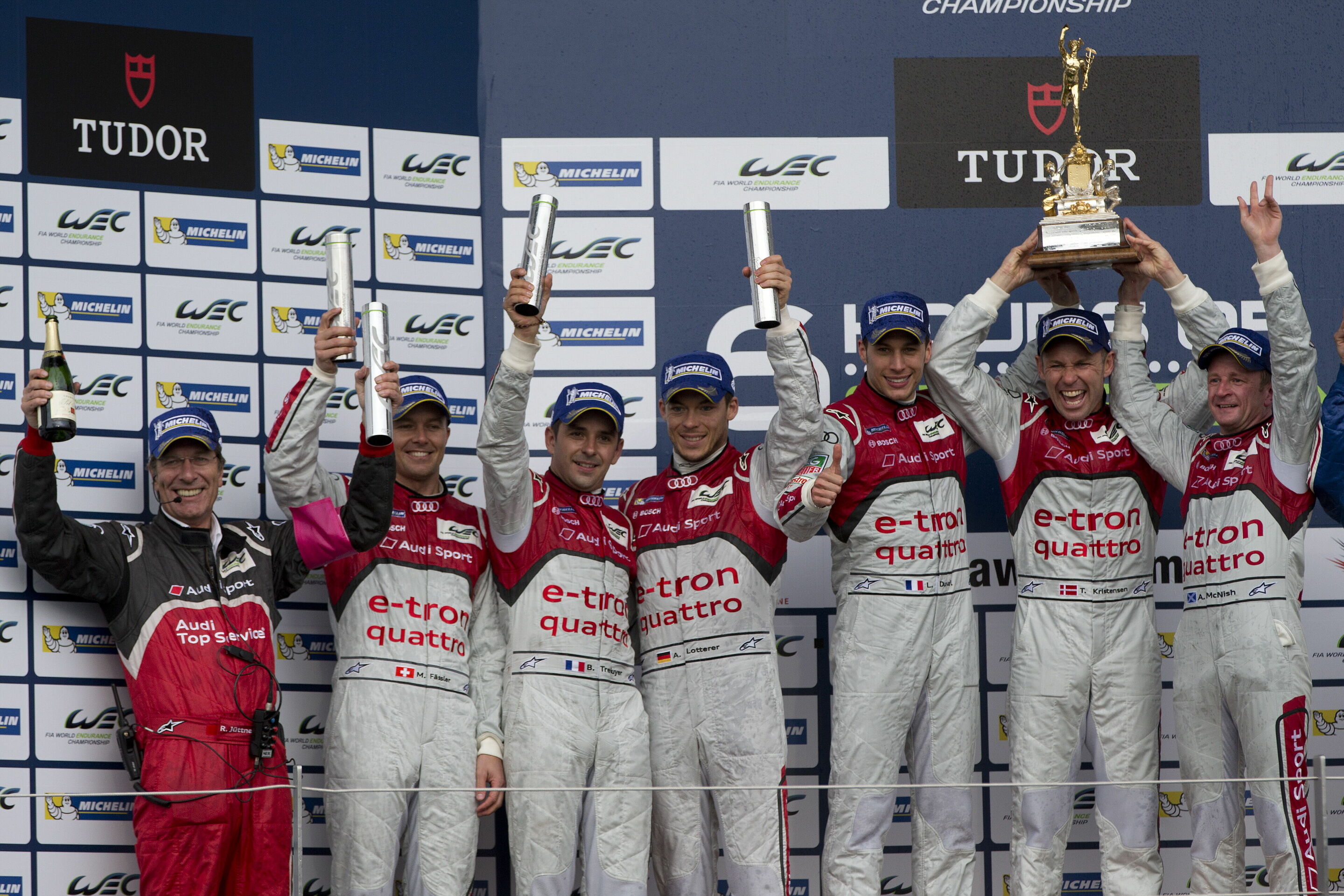 WEC Silverstone 2013 - Ralf Jüttner, Marcel Fässler, Benoît Tréluyer, André Lotterer, Loïc Duval, Tom Kristensen, Allan McNish