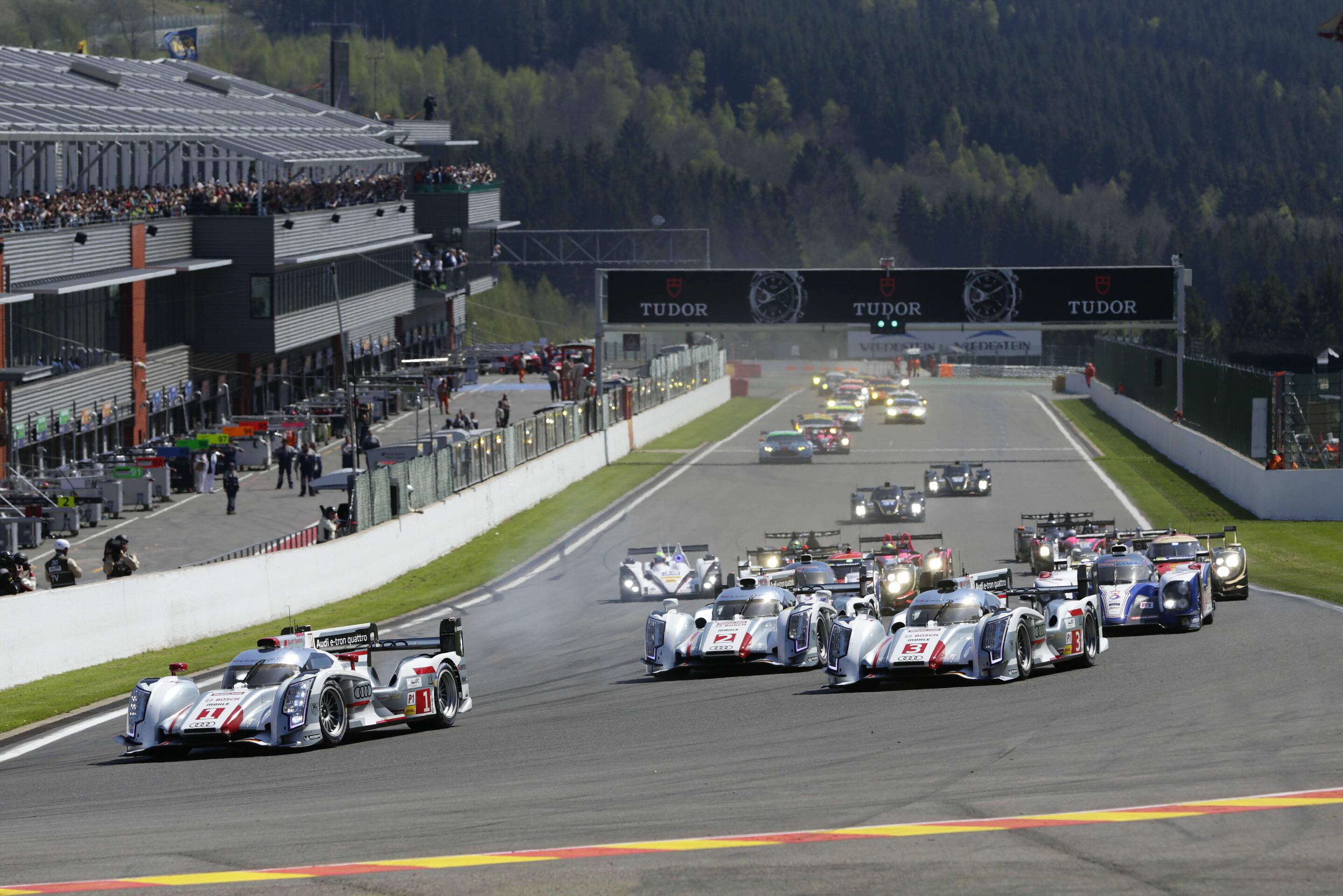 WEC Spa 2013 - Audi R18 e-tron quattro #1 (Audi Sport Team Joest), Marcel Fässler/André Lotterer/Benoît Tréluyer; Audi R18 e-tron quattro #2 (Audi Sport Team Joest), Loïc Duval/Tom Kristensen/Allan McNish; Audi R18 e-tron quattro #3 (Audi Sport Team Joest),...