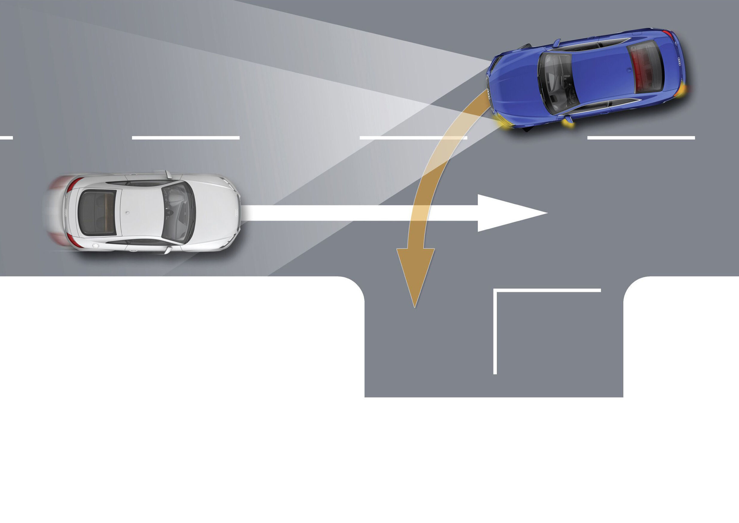 Illustration - Abbiegeassistent - Der Abbiegeassistent überwacht die Gegenfahrbahn, sobald der Fahrer den Blinker setzt.