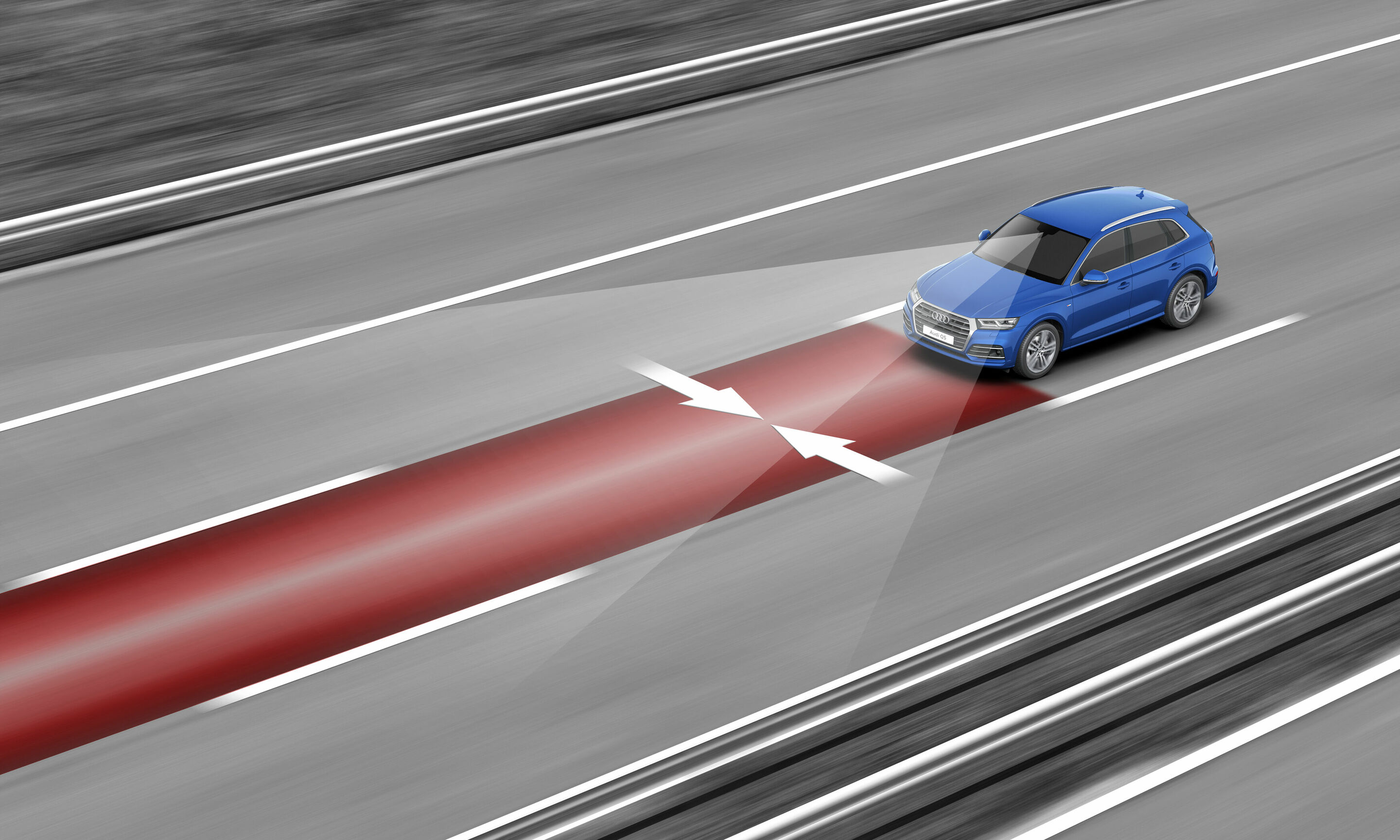 Illustration - Audi active lane assist - Ab 65 km/h unterstützt der Audi active lane assist den Fahrer beim Halten der Spur.