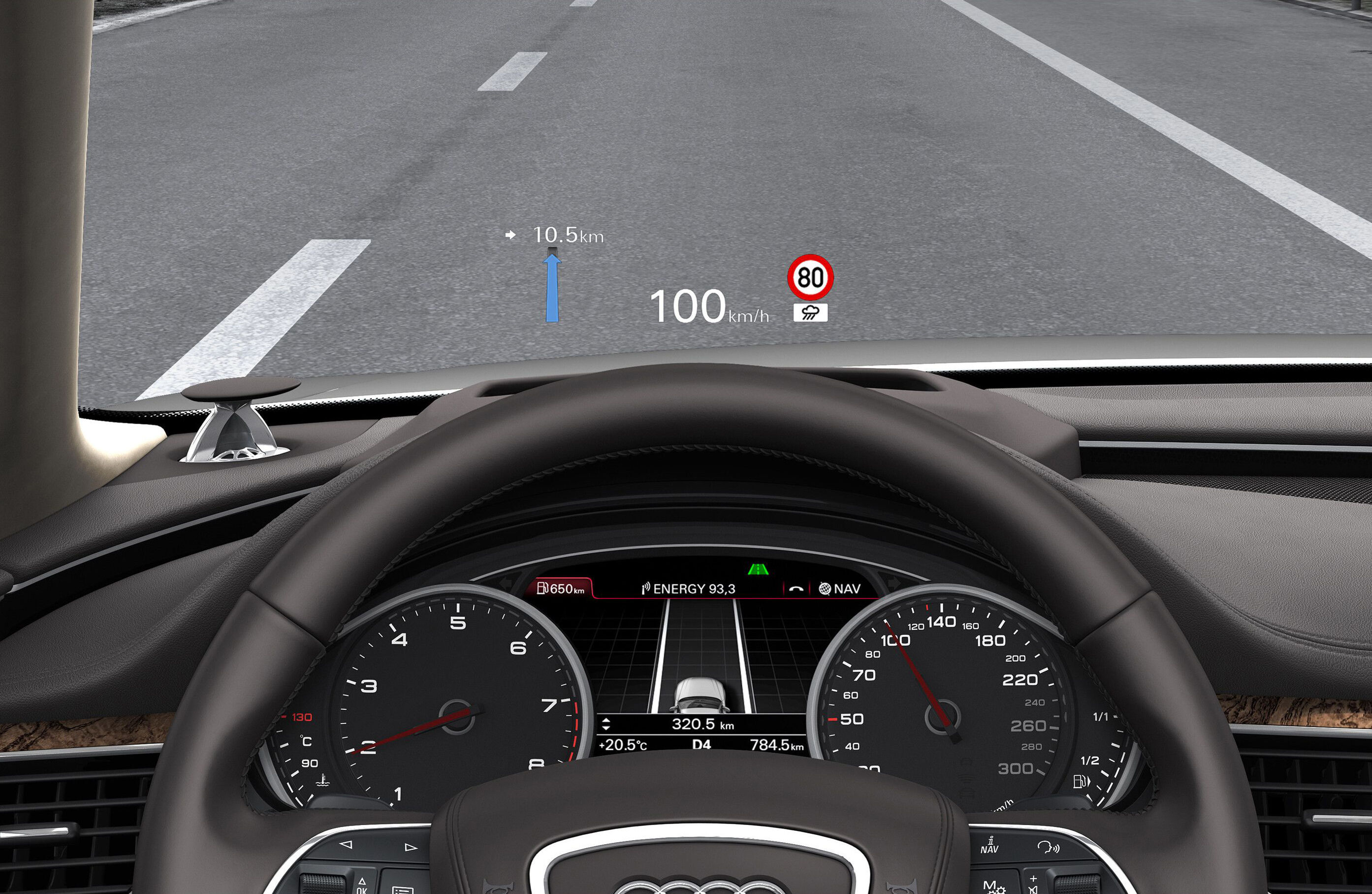 Illustration - Head-up-display - The head-up display projects information relevant to the driver as symbols and numbers that can be quickly perceived within the driver’s direct field of view.