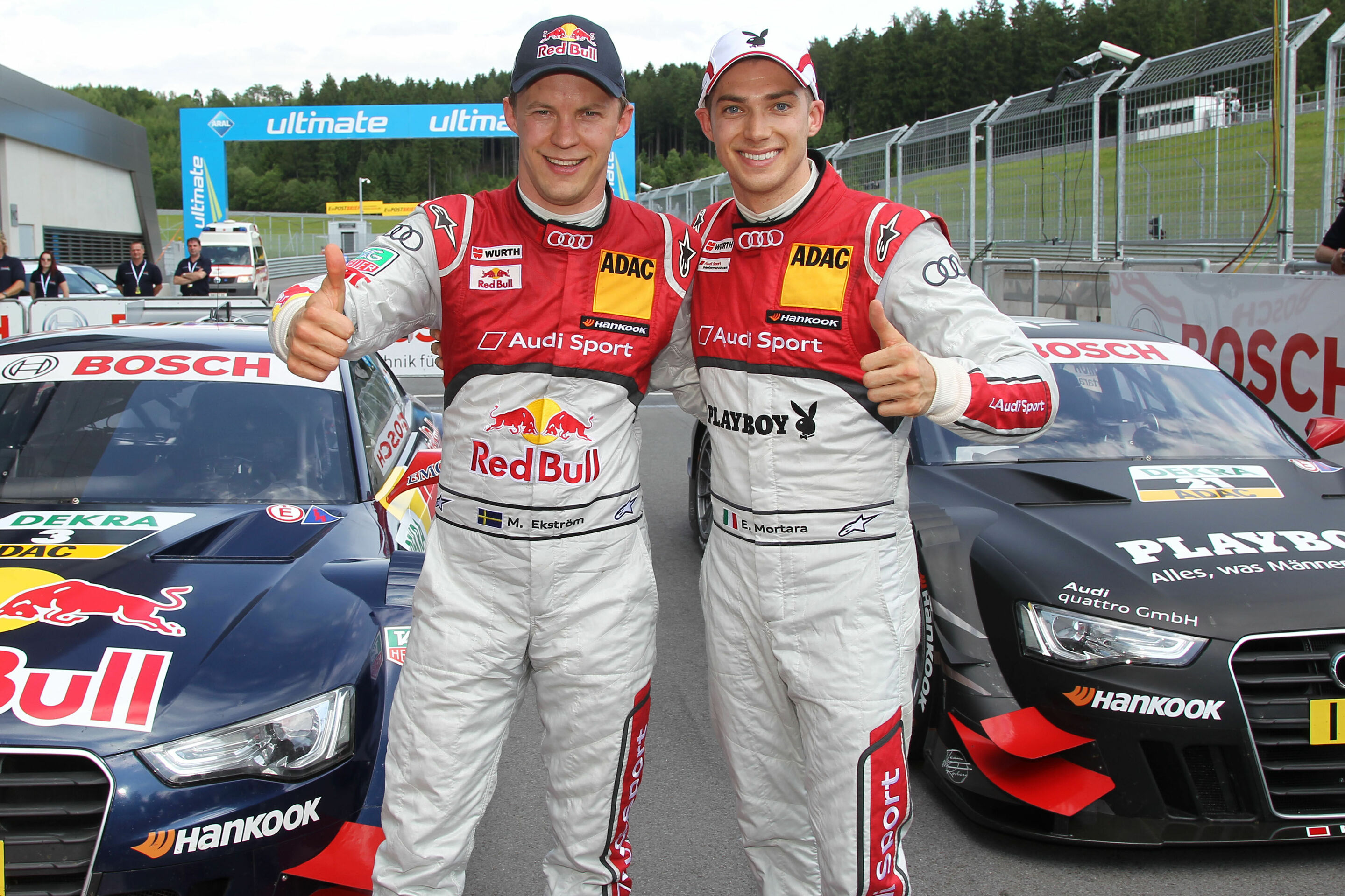DTM 2012 - Mattias Ekström, Red Bull Audi A5 DTM #3 (Audi Sport Team Abt Sportsline), Edoardo Mortara, Playboy Audi A5 DTM #21 (Audi Sport Team Rosberg)