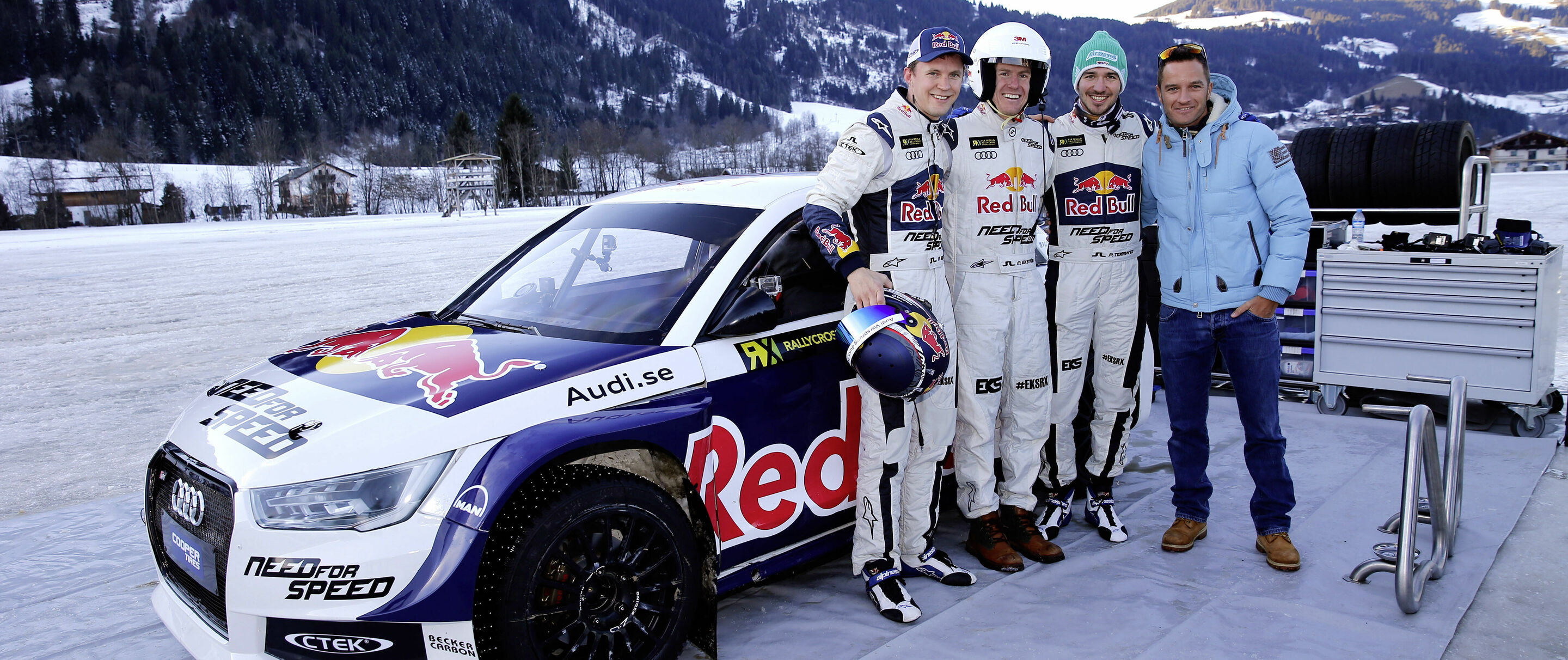 Actiongeladene Abwechslung im „Home of quattro“ in Kitzbühel: Mattias Ekström, Ted Ligety, Felix Neureuther und Timo Scheider (von links)