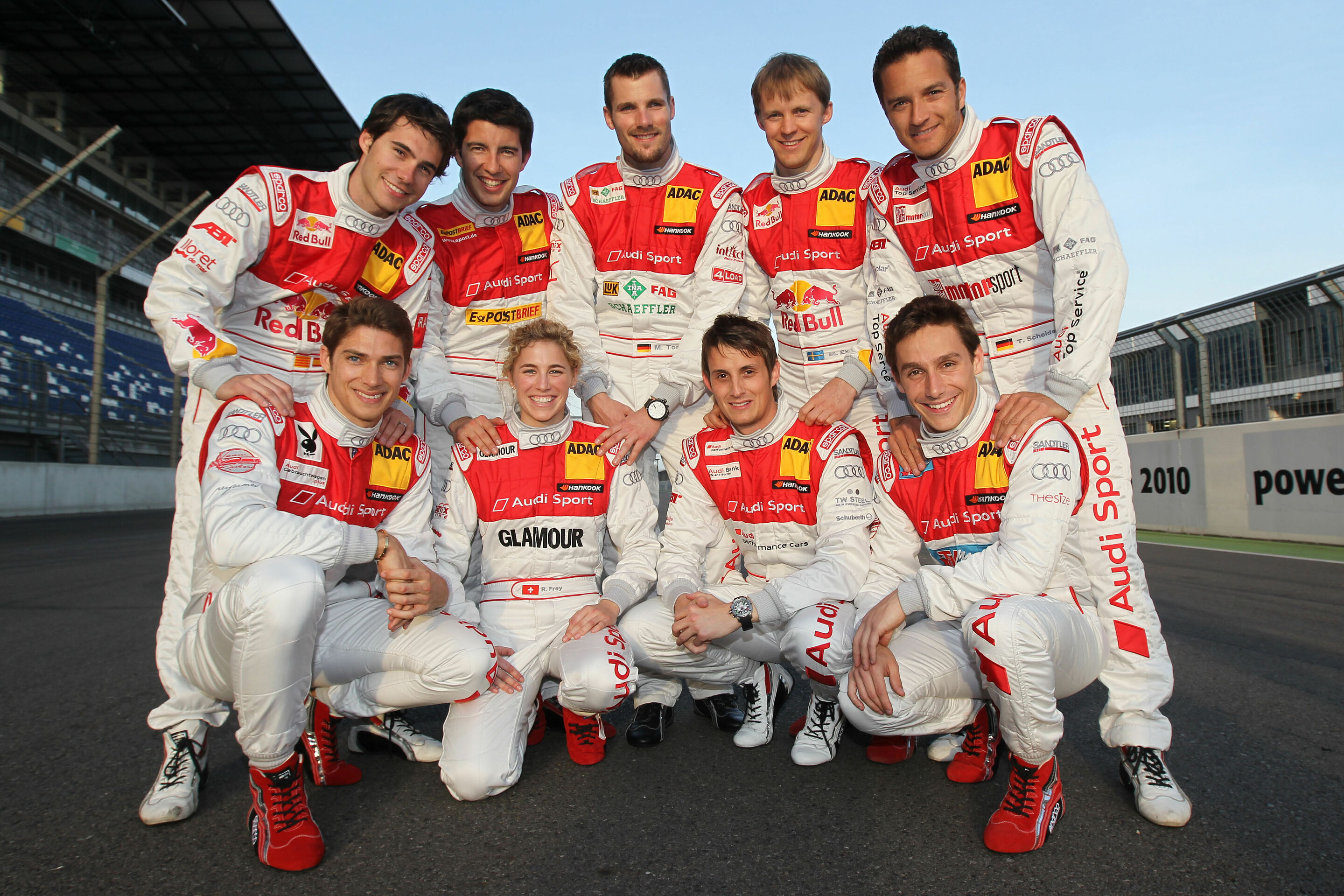 DTM 2011 - Back row, from left: Miguel Molina, Mike Rockenfeller, Martin Tomczyk, Mattias Ekström, Timo Scheider. Front row, from left: Edoardo Mortara, Rahel Frey, Oliver Jarvis, Filipe Albuquerque