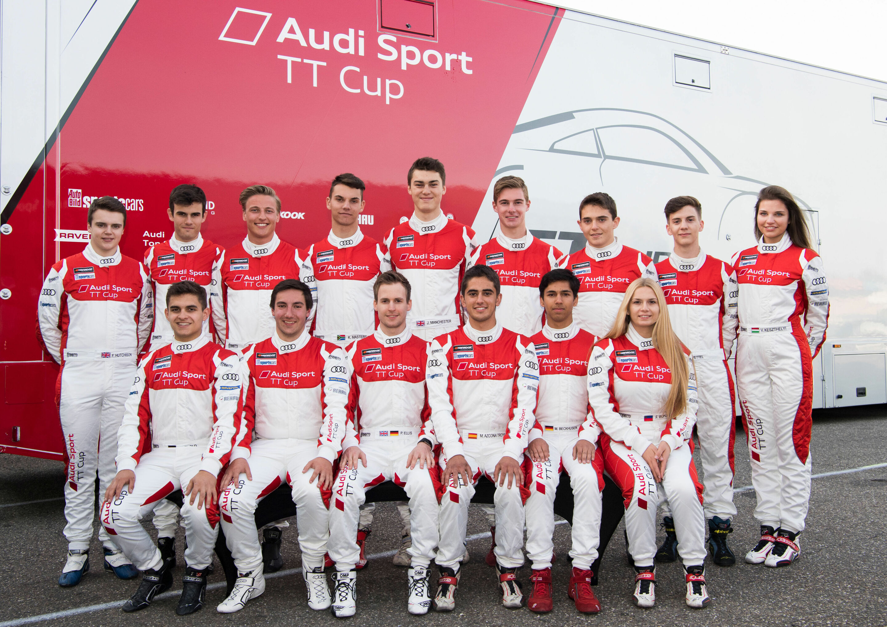 Audi Sport TT Cup 2017 season introductory course - Back row from left to right: Finlay Hutchison, Yannik Brandt, Milan Dontje, Keagan Masters, Jack Manchester, Drew Ridge, Tommaso Mosca, Fabian Vettel, Vivien Keszthelyi 
Front row from left to right:...