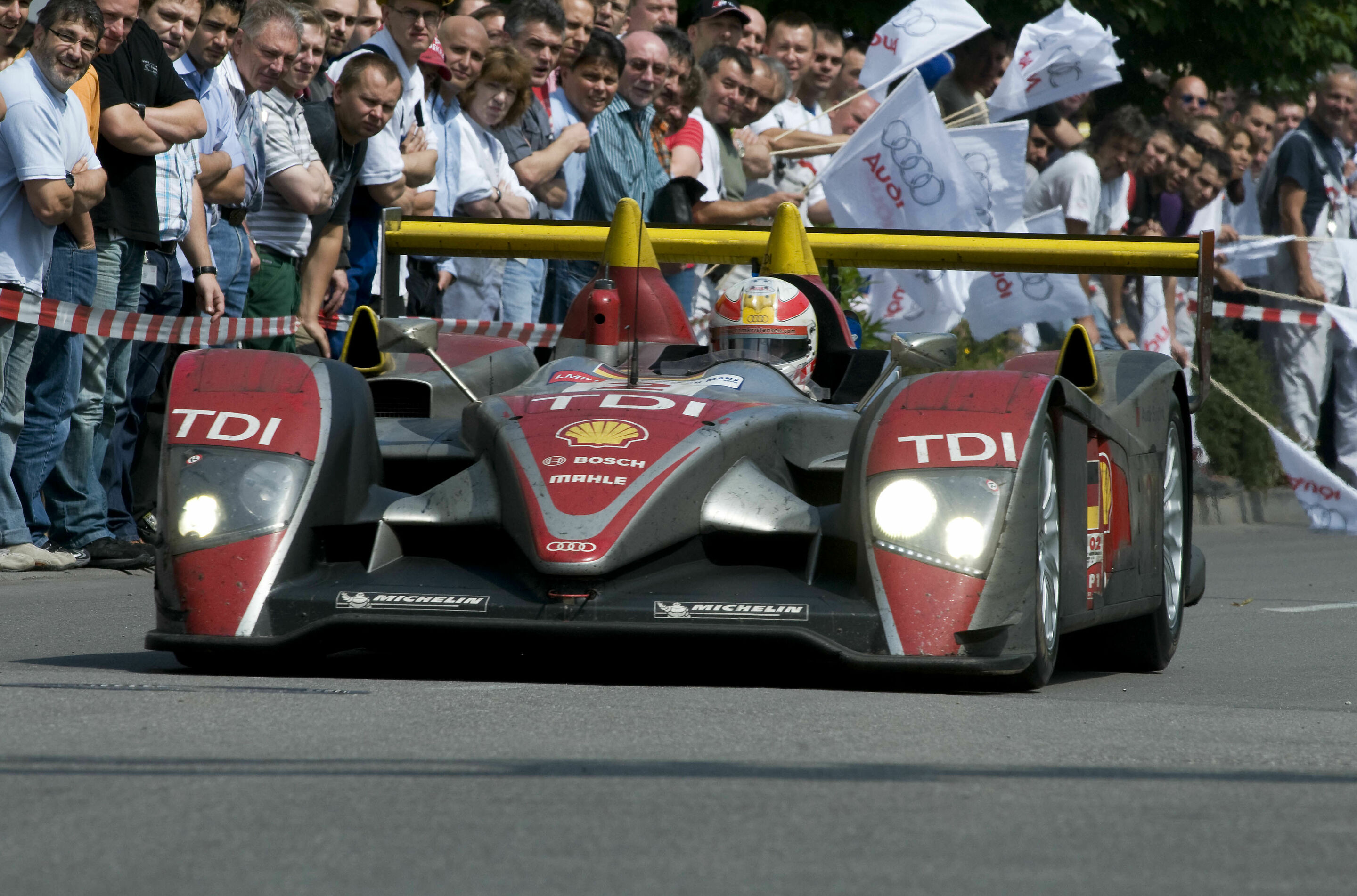 Audi R10 TDI - Tom Kristensen driving the Le Mans winning Audi R10 TDI at the Audi factory in Neckarsulm