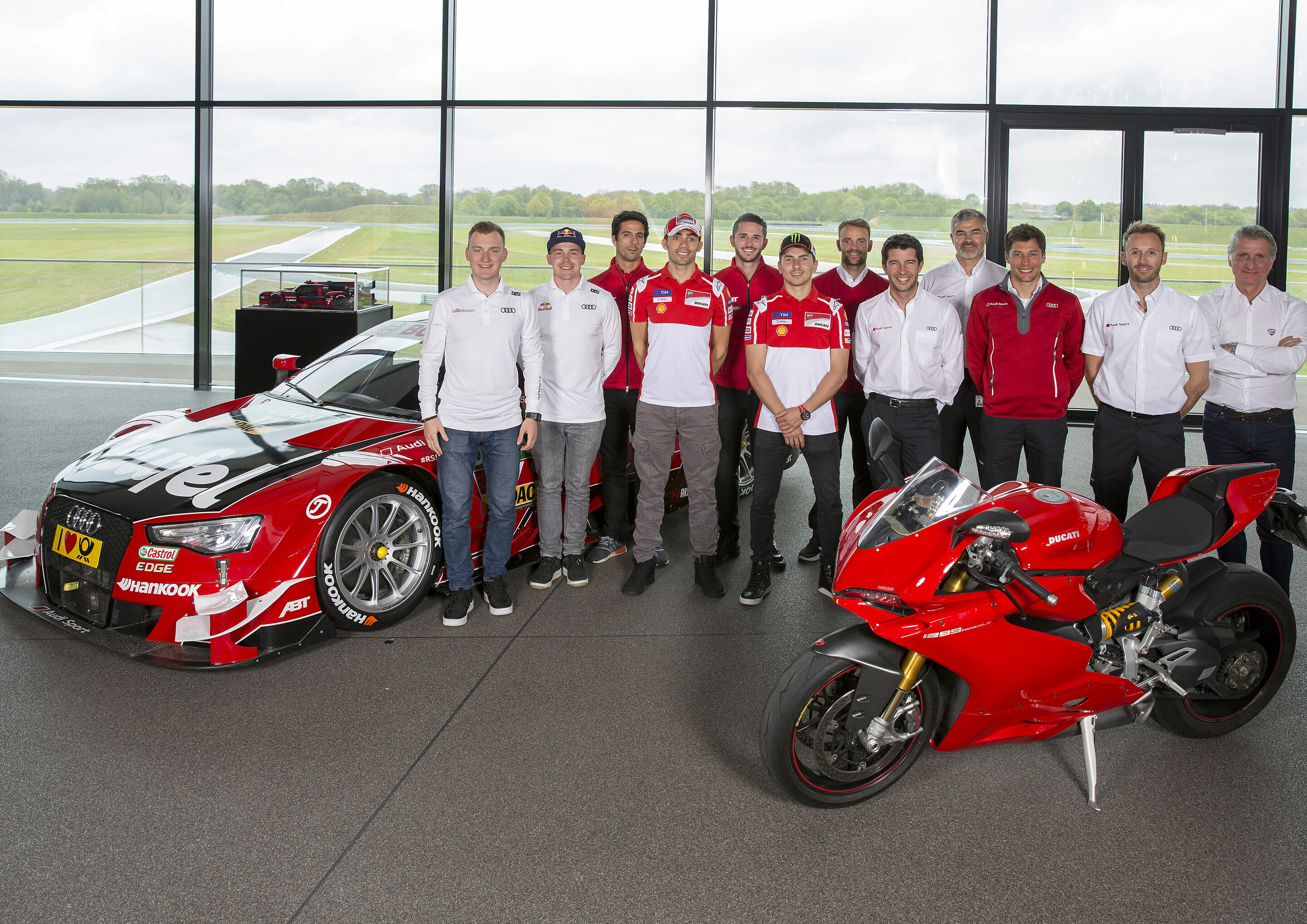 Audi Group come together - Reinis Nittis, Toomas Heikkinen, Lucas di Grassi, Michele Pirro, Daniel Abt, Jorge Lorenzo, Jamie Green, Mike Rockenfeller, Dieter Gass, Loic Duval, René Rast, Paolo Ciabatti