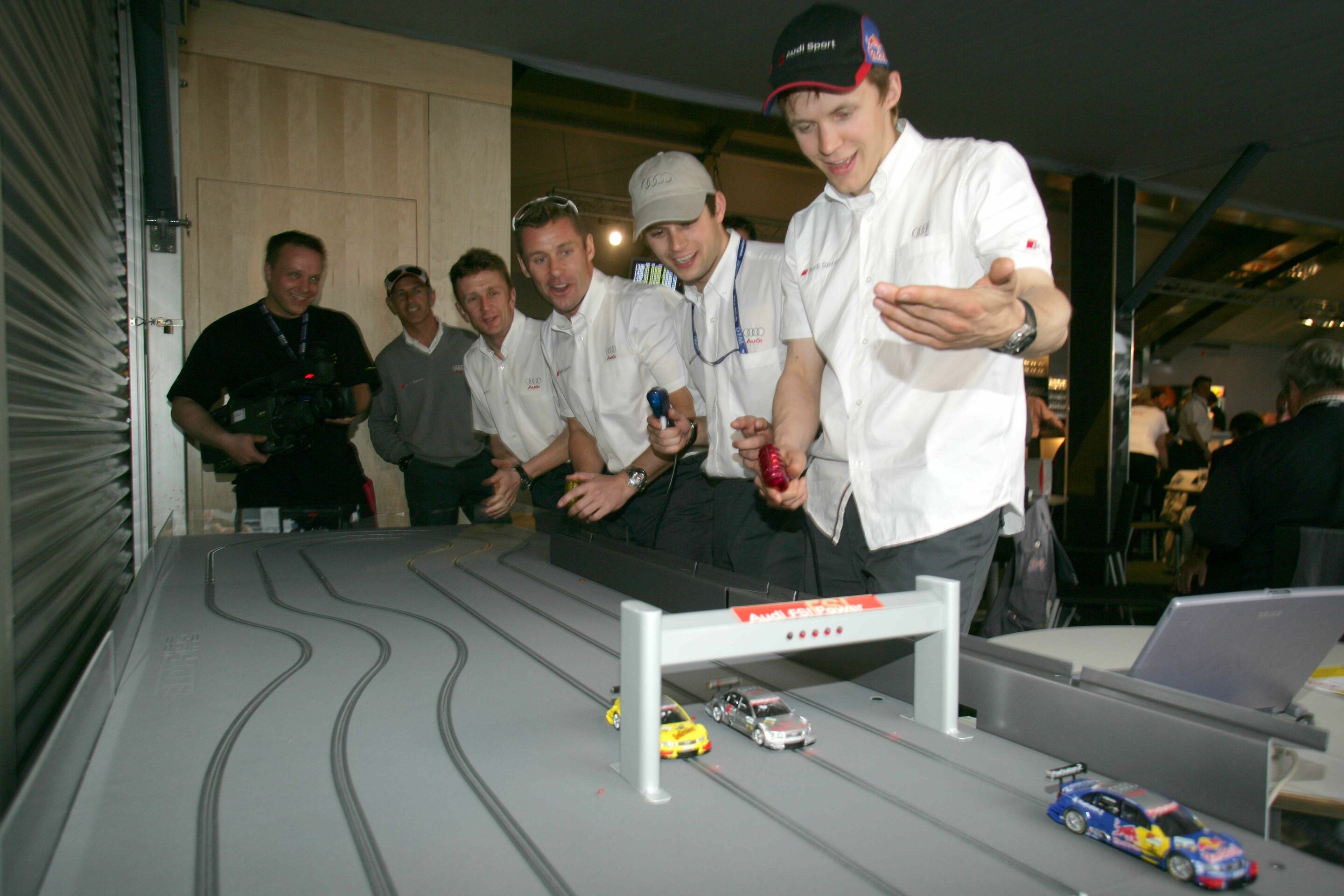 DTM 2005 - Mattias Ekström, Pierre Kaffer, Tom Kristensen, Allan McNish and Rinaldo Capello during a slotcar race in the Audi Team & Media Hospitality