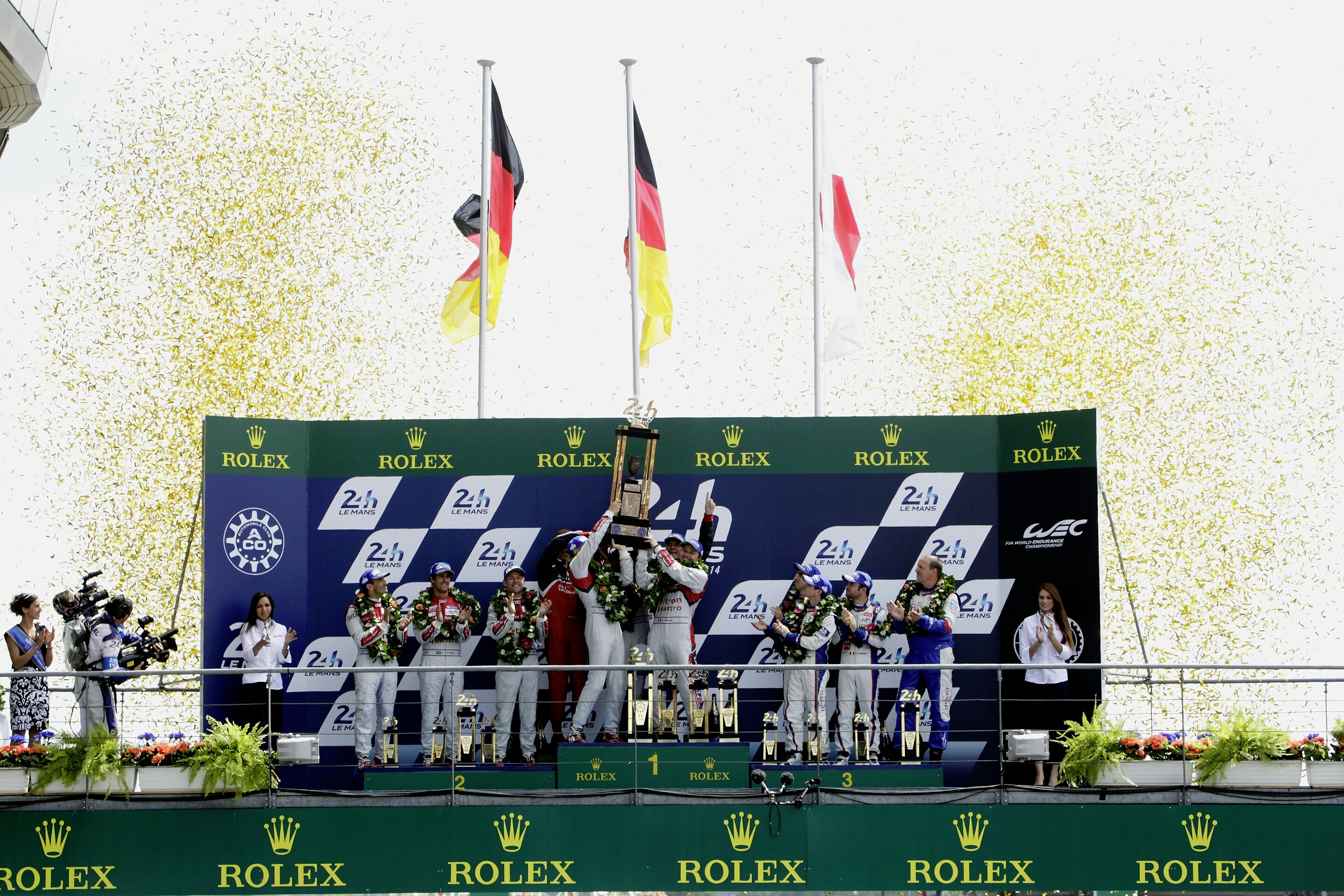 Le Mans 2014 - Marc Gené, Lucas di Grassi, Tom Kristensen, Ralf Jüttner (Team Director Audi Sport Team Joest), André Lotterer, Benoît Tréluyer, Dr. Wolfgang Ullrich (Head of Audi Sport), Marcel Fässler
