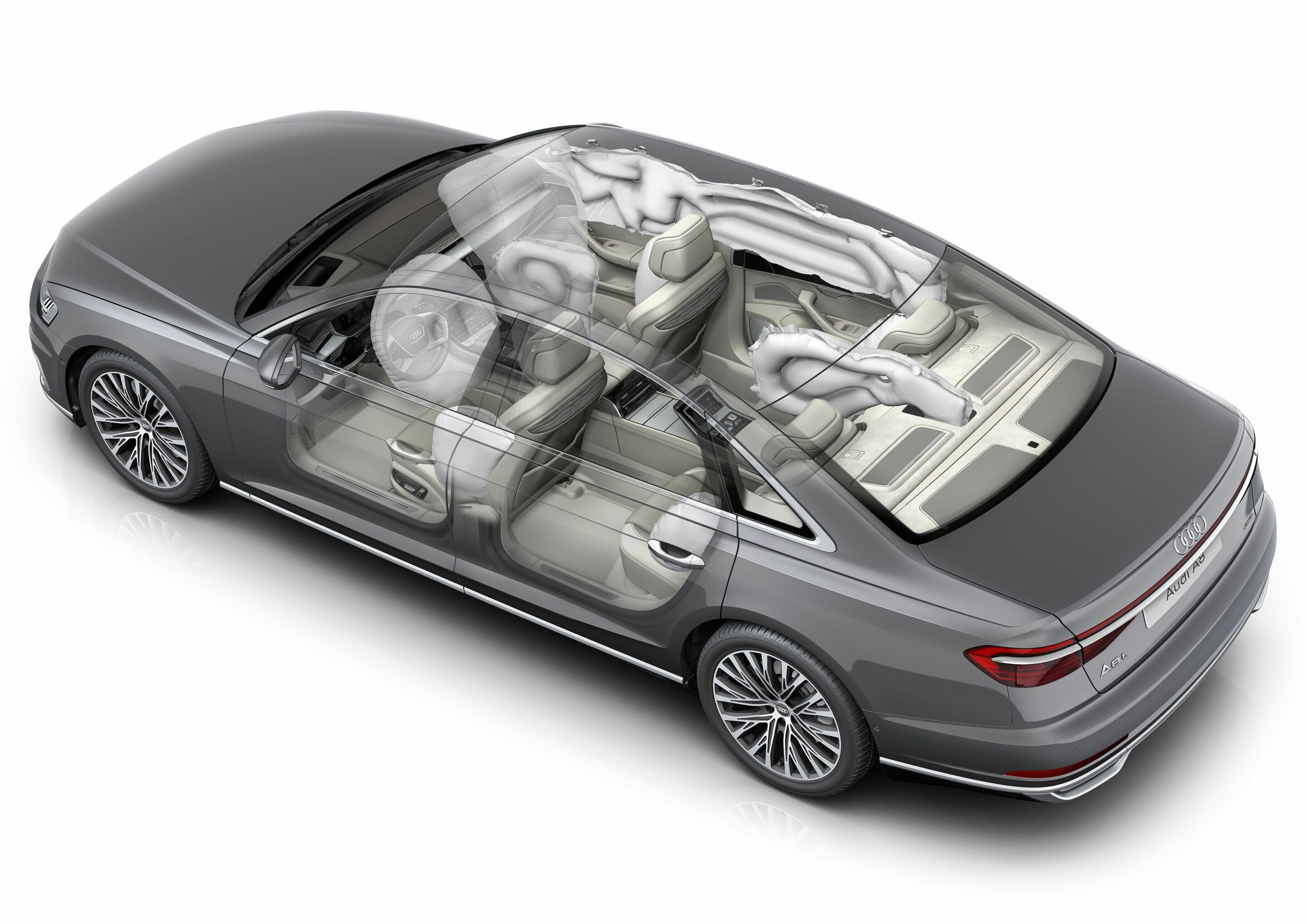 Airbags im Audi A8 L - Die Mittenairbags sind zwischen den Sitzen platziert und bieten zusätzlichen Schutz bei einem Seitenaufprall.