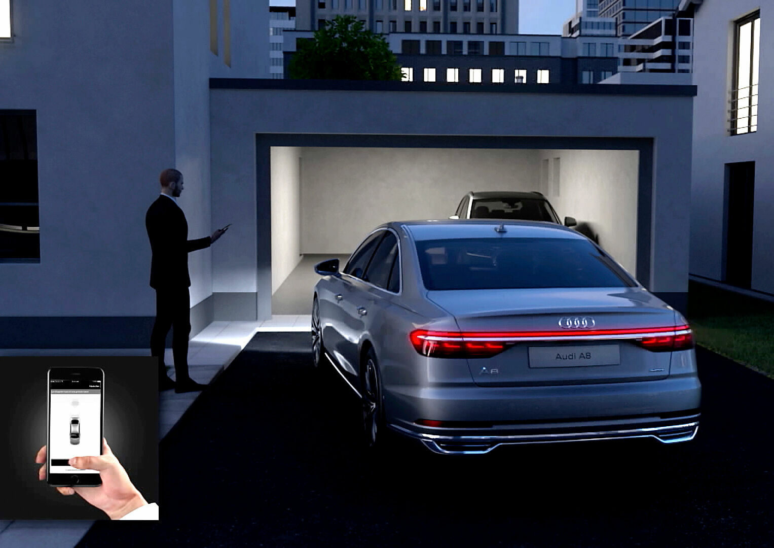 Remote Garagenpilot - Der Fahrer aktiviert den Remote Garagenpilot mit dem Audi AI Button in der myAudi App.