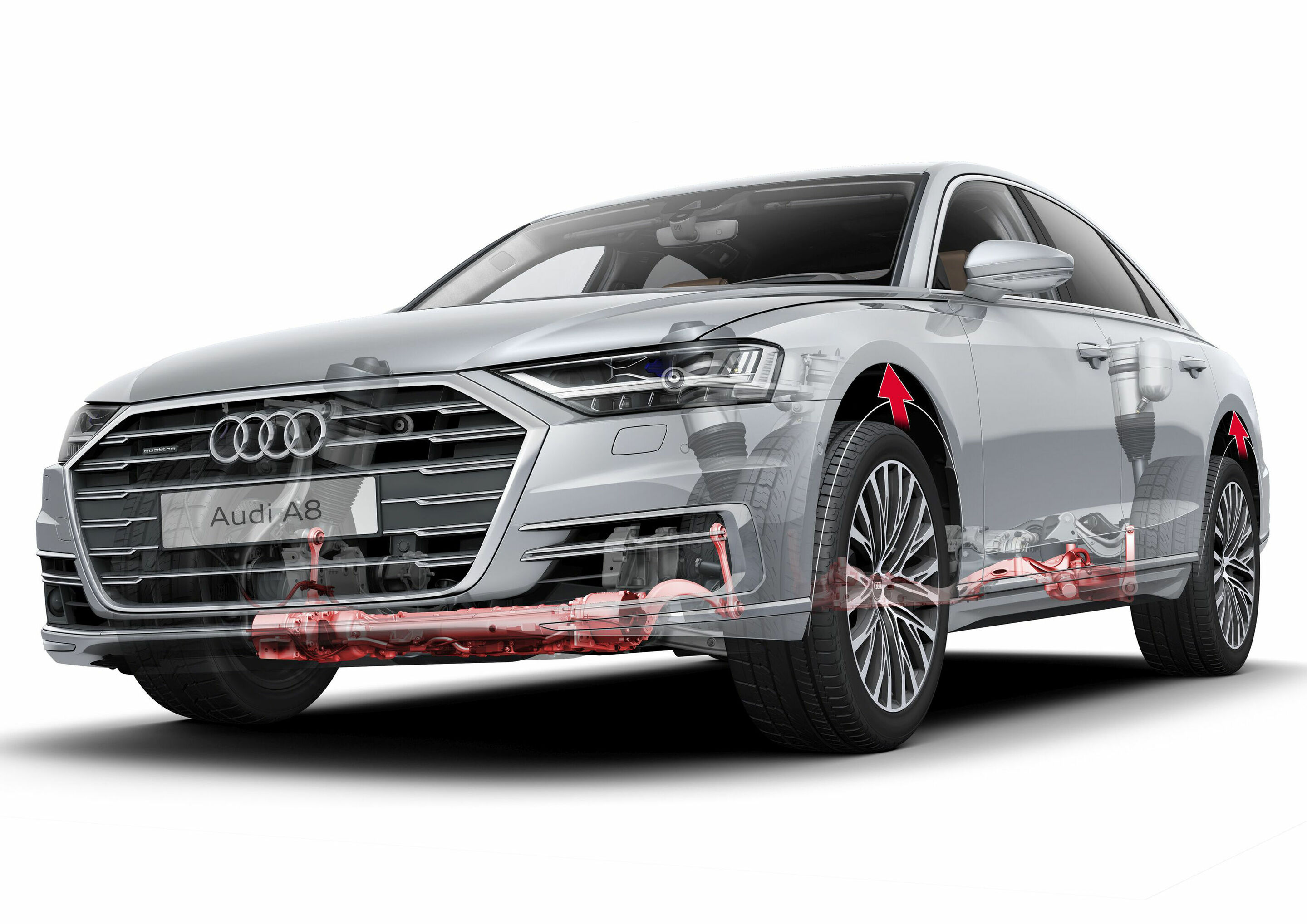 Audi pre sense side - Bei einem drohenden Seitenaufprall mit mehr als 25 km/h hebt das optionale vorausschauende Aktivfahrwerk die Karosserie auf der gefährdeten Seite um bis zu 80 Millimeter an.