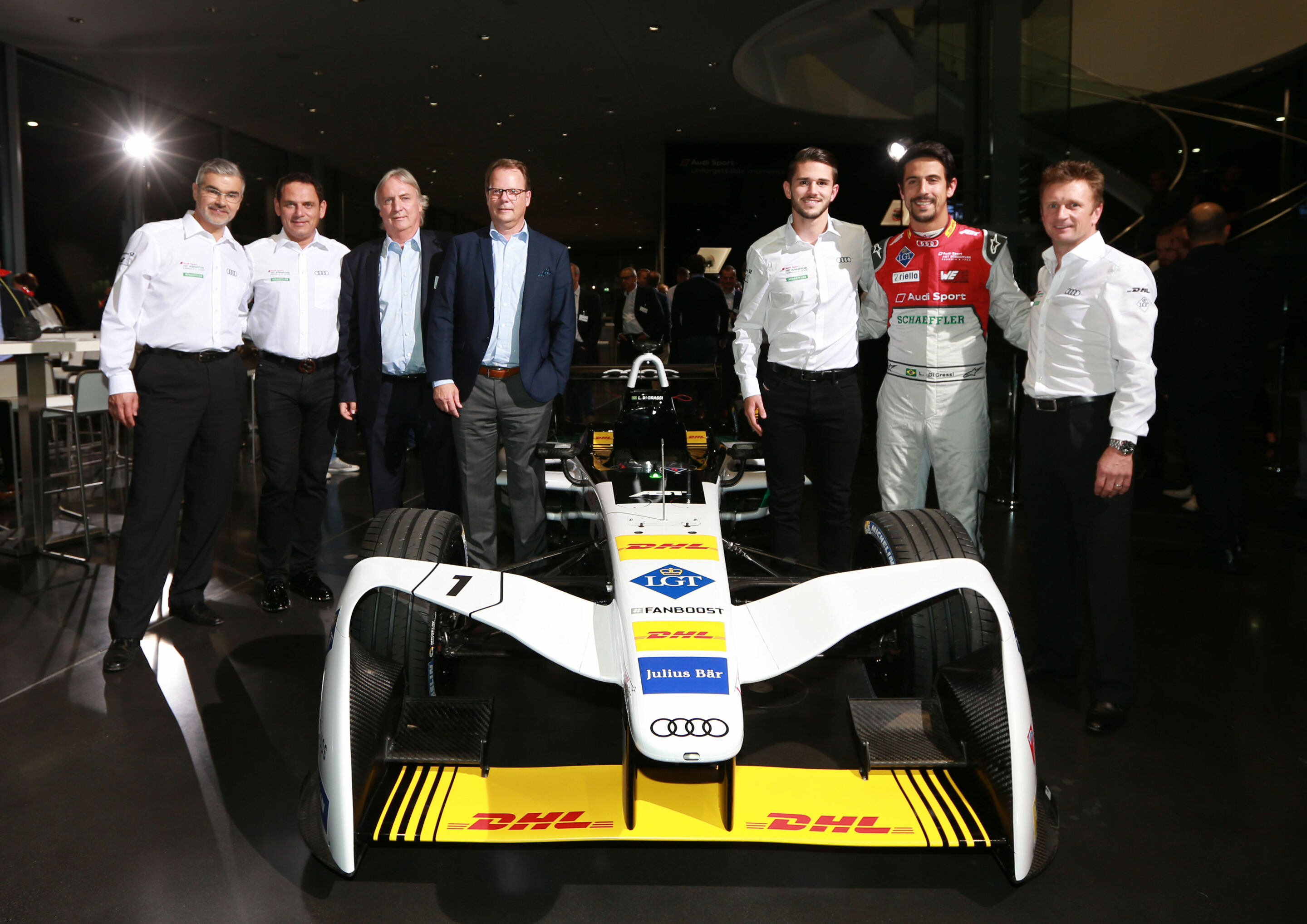 Audi Formula E Team Presentation - Dieter Gass, Hans-Jürgen Abt, Prof. Peter Gutzmer, Peter Mertens, Daniel Abt, Lucas di Grassi, Allan McNish