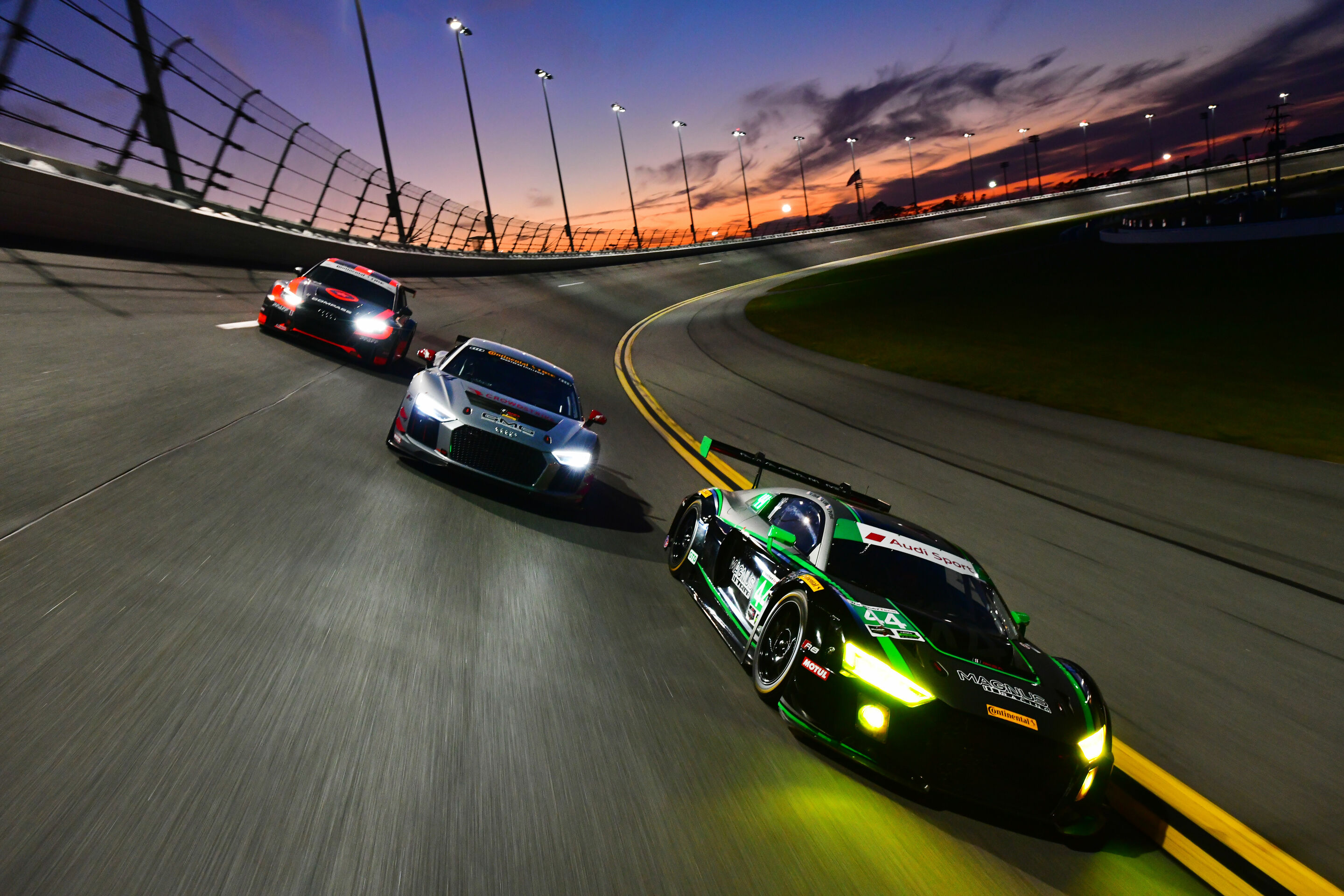 24h Daytona 2018 - Audi RS 3 LMS #74 (Compass Racing), Rodrigo Sales/Kuno Wittmer; Audi R8 LMS GT4 #14 (GMG Racing), Andrew Davis/George Kurtz/James Sofronas; Audi R8 LMS #44 (Magnus Racing), Andrew Davis/Andy Lally/John Potter/Markus Winkelhock