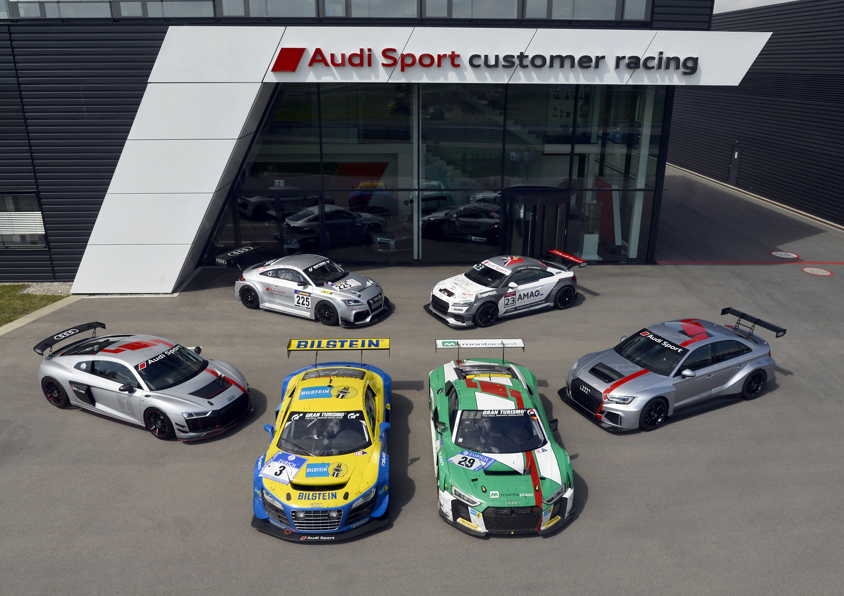 Ten years of Audi Sport customer racing - Ten years of Audi Sport customer racing. Back row: Audi TT RS, Audi TT cup. Front row: Audi R8 LMS GT4, Audi R8 LMS ultra, Audi R8 LMS, Audi RS 3 LMS