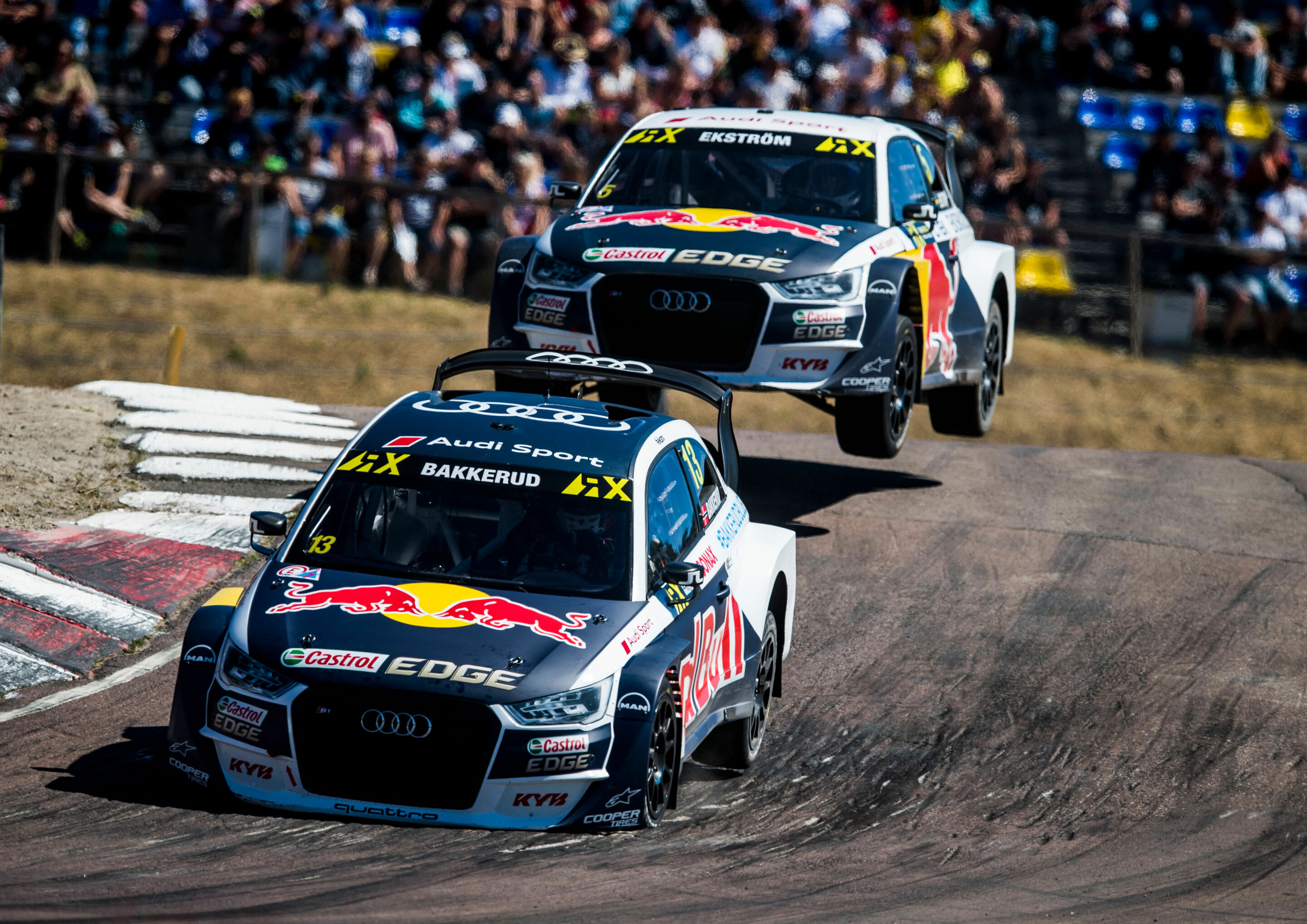 Rallycross-WM 2018, Höljes - Audi S1 EKS RX quattro #13 (EKS), Andreas Bakkerud, Audi S1 EKS RX quattro #5 (EKS), Mattias Ekström
