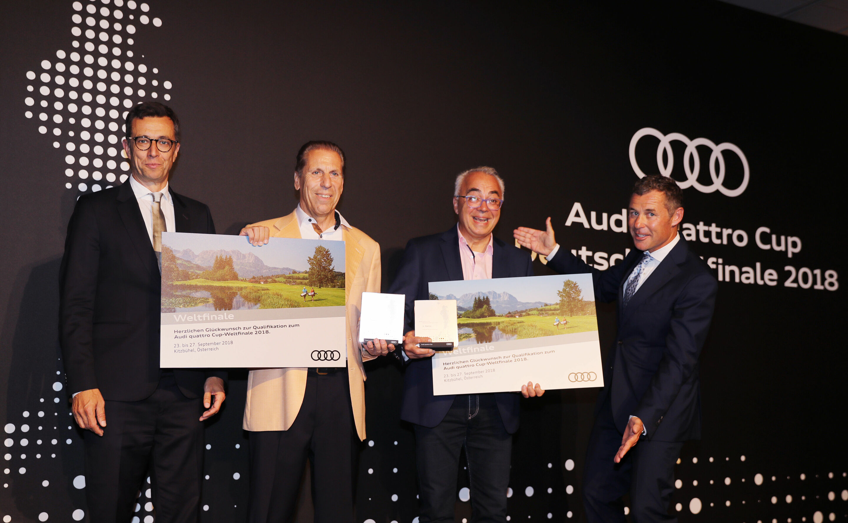 Audi quattro Cup 2018 - German Fina - Peter Hnnighausen from Golfclub Salzgitter and Ridvan Abay from Golfclub Laineck-Bayreuth with Jason Lusty (left) and Tom Kristensen 9-time Le Mans winner (right)