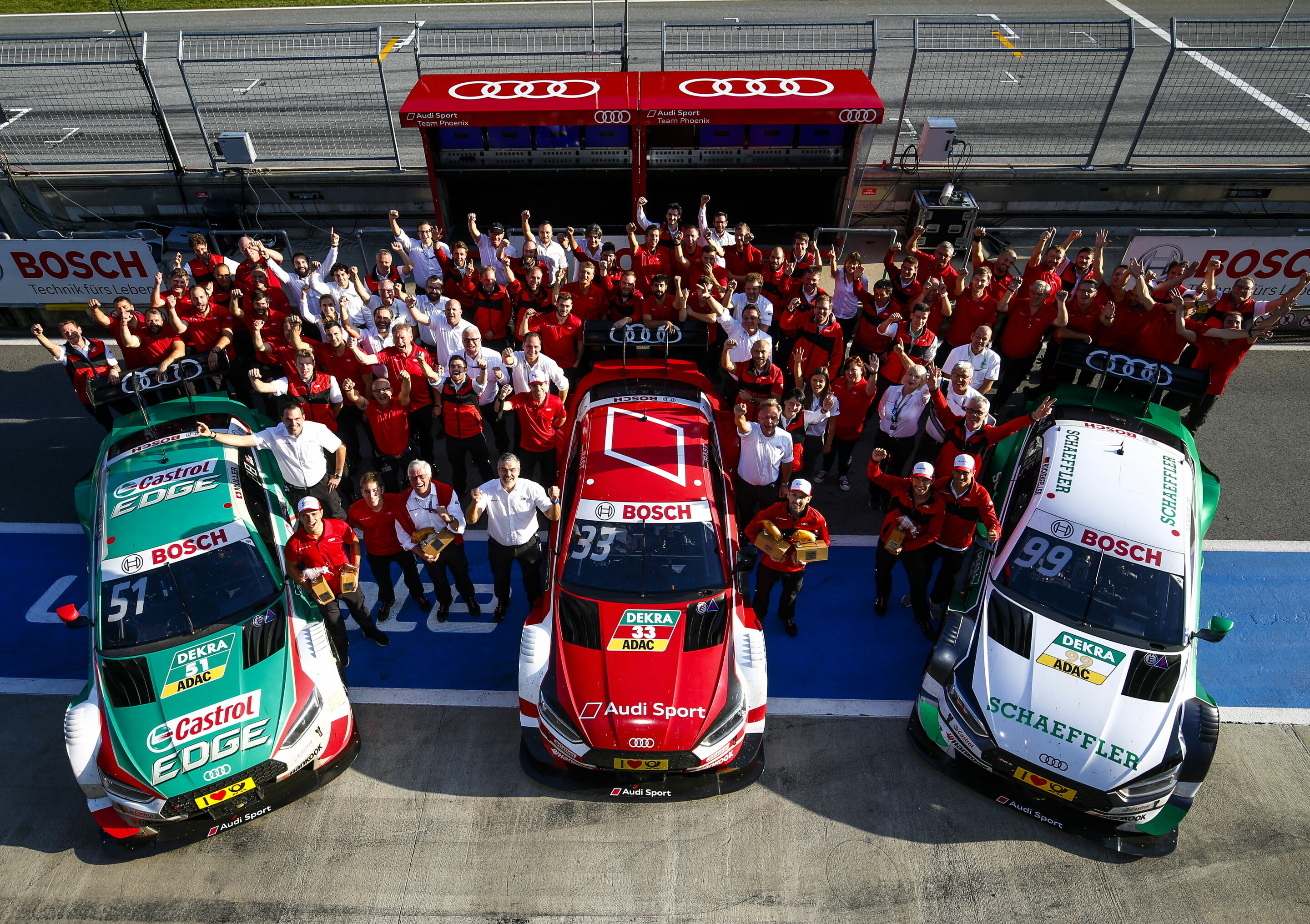 DTM Spielberg 2018 - 100. Sieg für Audi in der DTM: Nico Müller, Robin Frinjs (Audi Sport Team Abt Sportsline), Dieter Gass, Jamie Green, René Rast (Audi Sport Team Rosberg), Mike Rockenfeller, Loïc Duval (Audi Sport Team Phoenix)